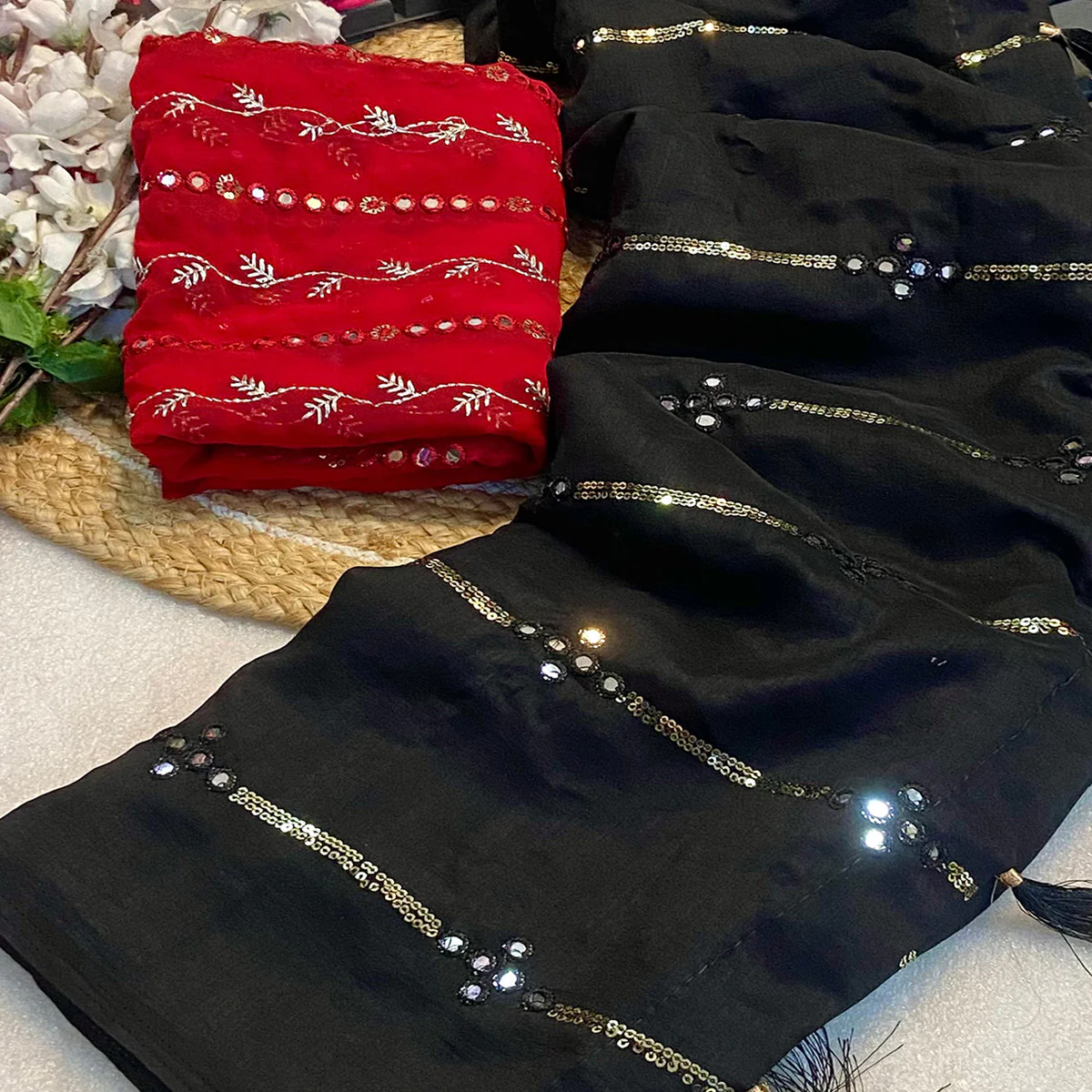 Black Sequins Embroidered Vichitra Silk Saree With Mirror Work - Image 2