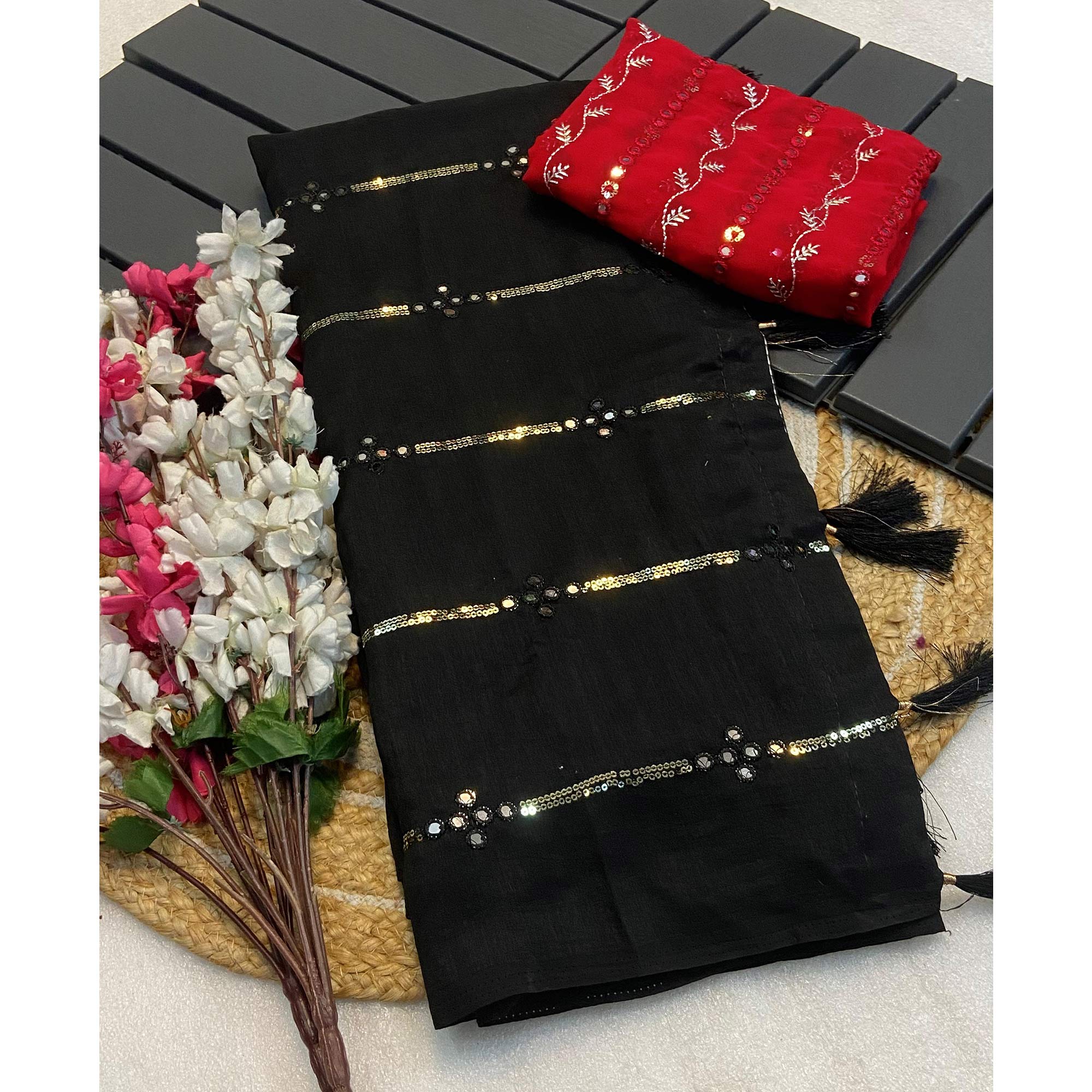 Black Sequins Embroidered Vichitra Silk Saree With Mirror Work - Image 3
