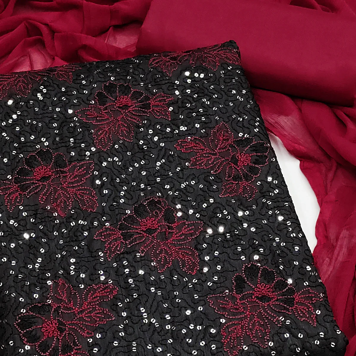 Black Silk Blend Dress Material with Sequin Embroidery - Image 2