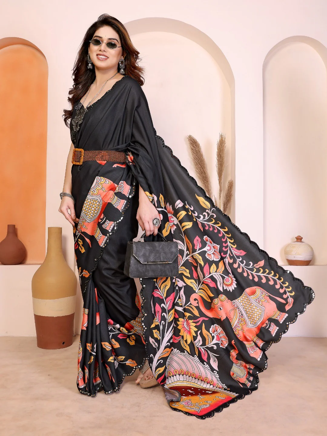 Black Silk Blend Saree with Digital Print & Mirror Embellished Border - Image 5