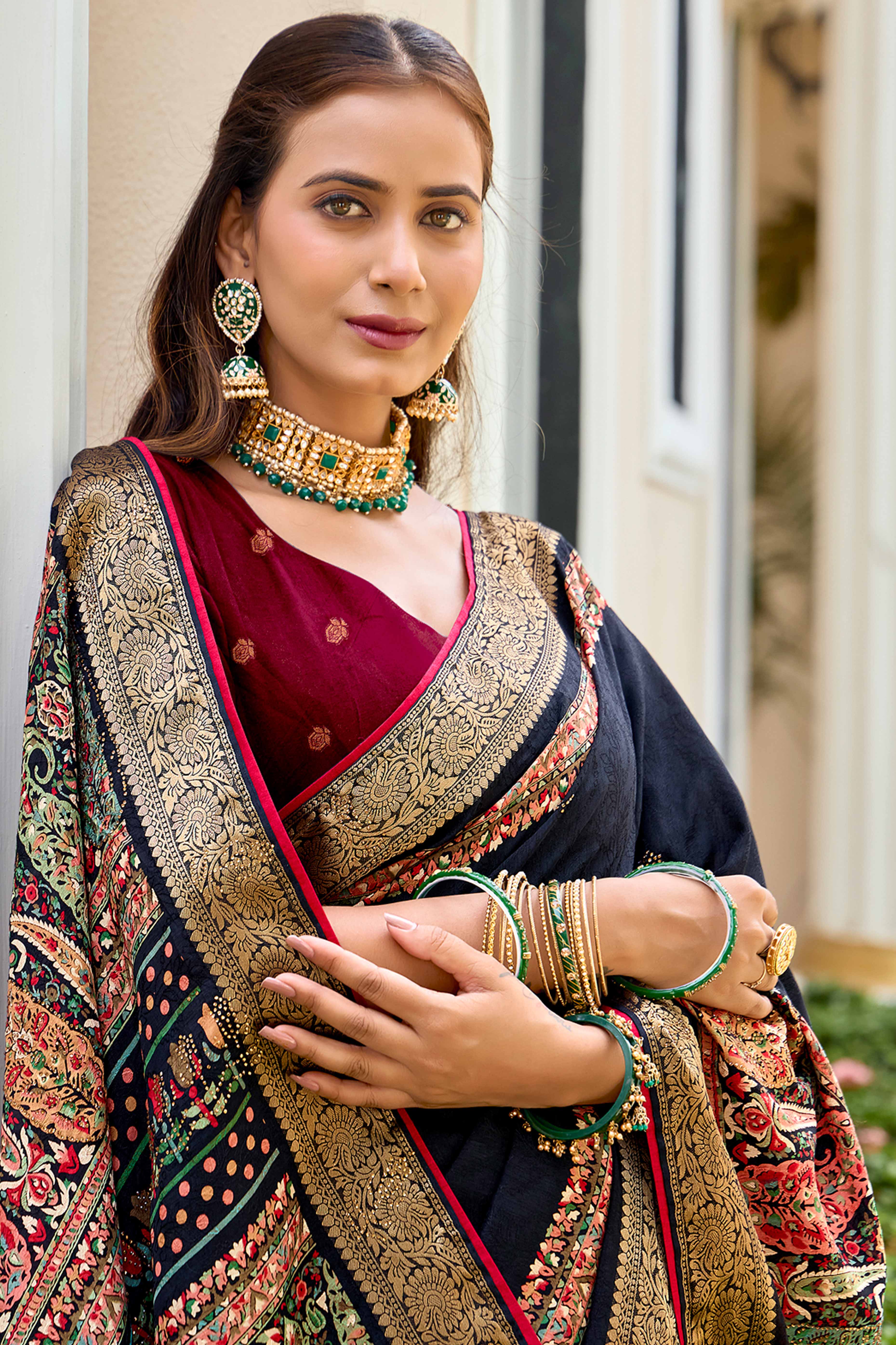 Black Silk Blend Saree with Paisley Prints and Swarovski Embellishments - Image 3