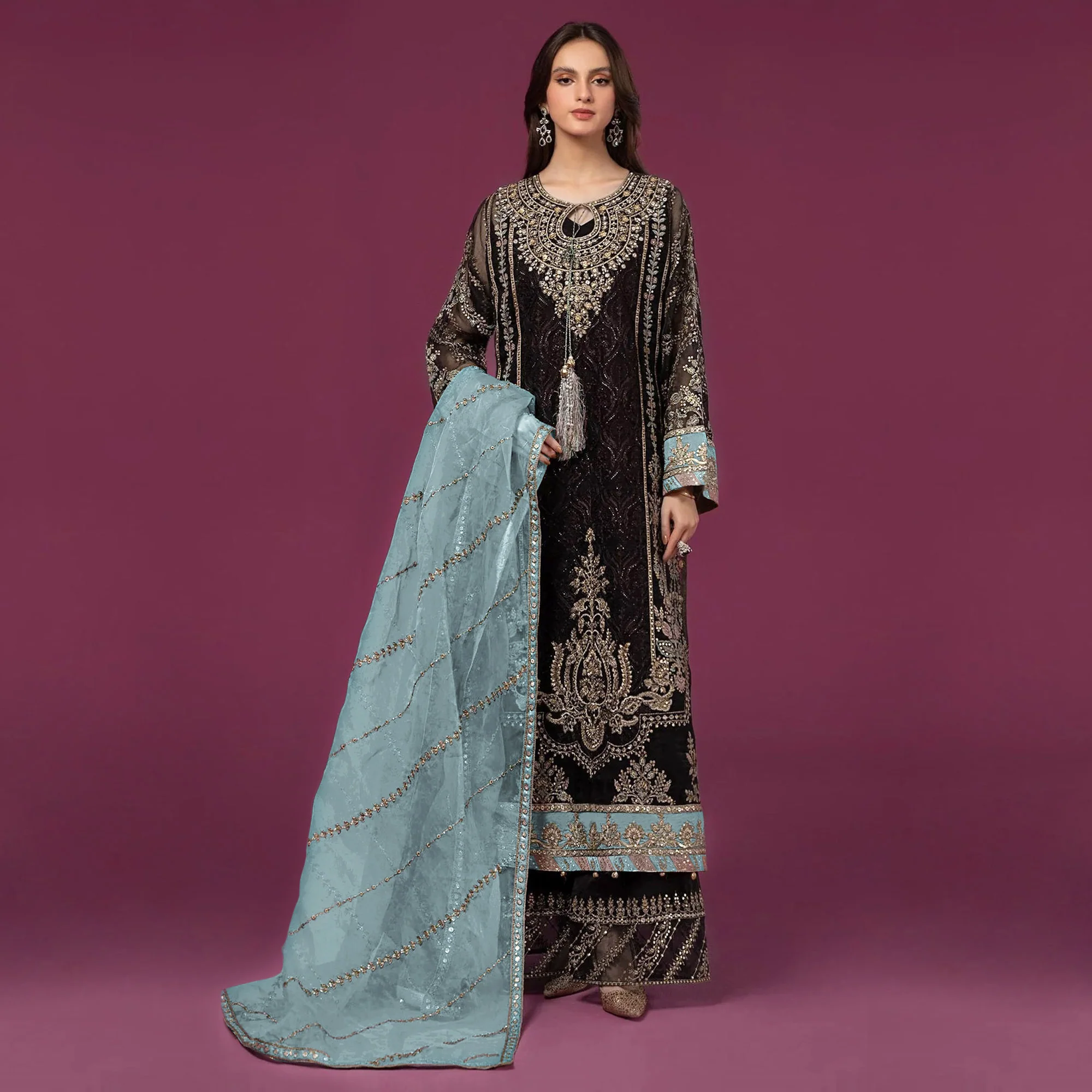 Black & Sky Blue Embroidered Georgette Semi Stitched Pakistani Suit - Image 2