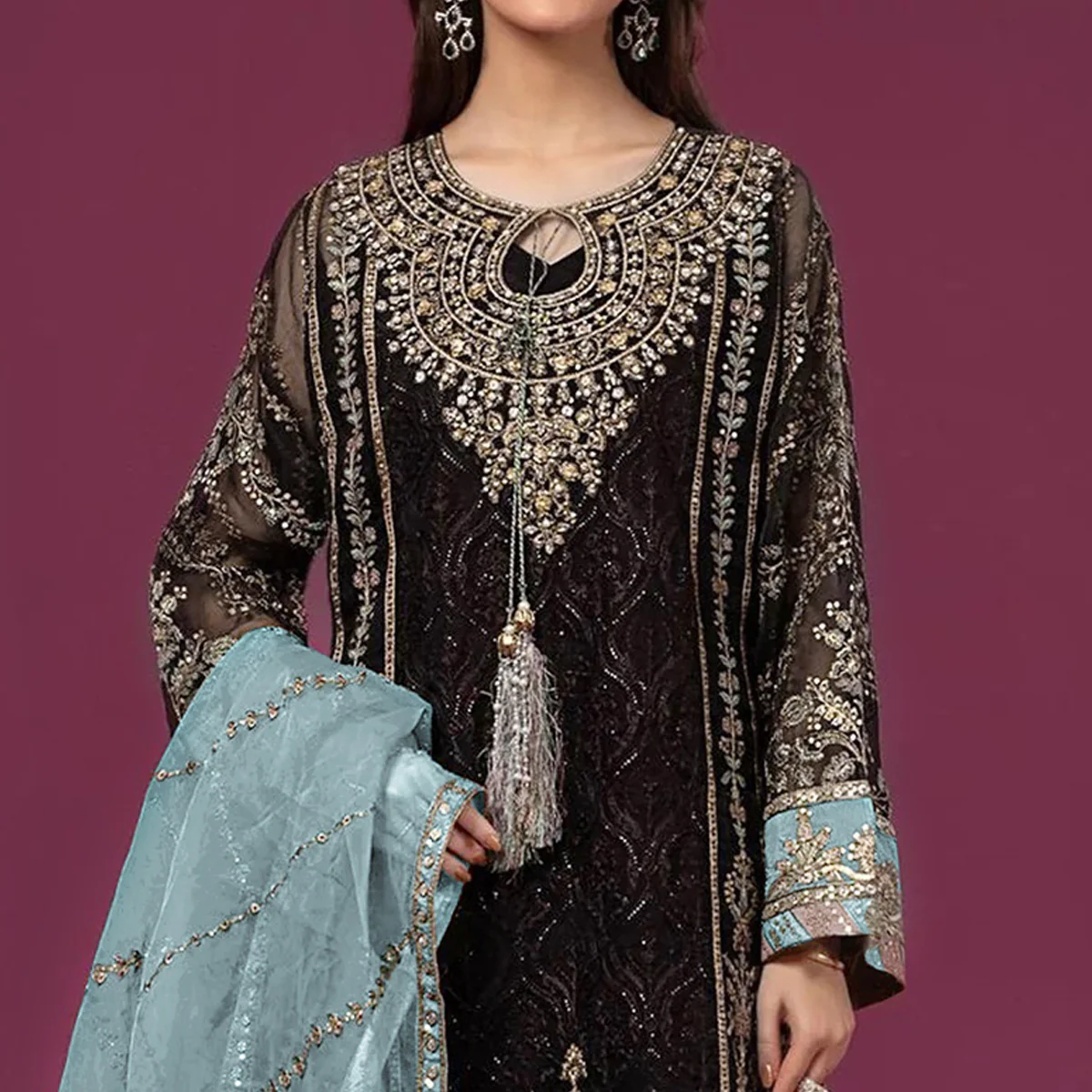 Black & Sky Blue Embroidered Georgette Semi Stitched Pakistani Suit - Image 3