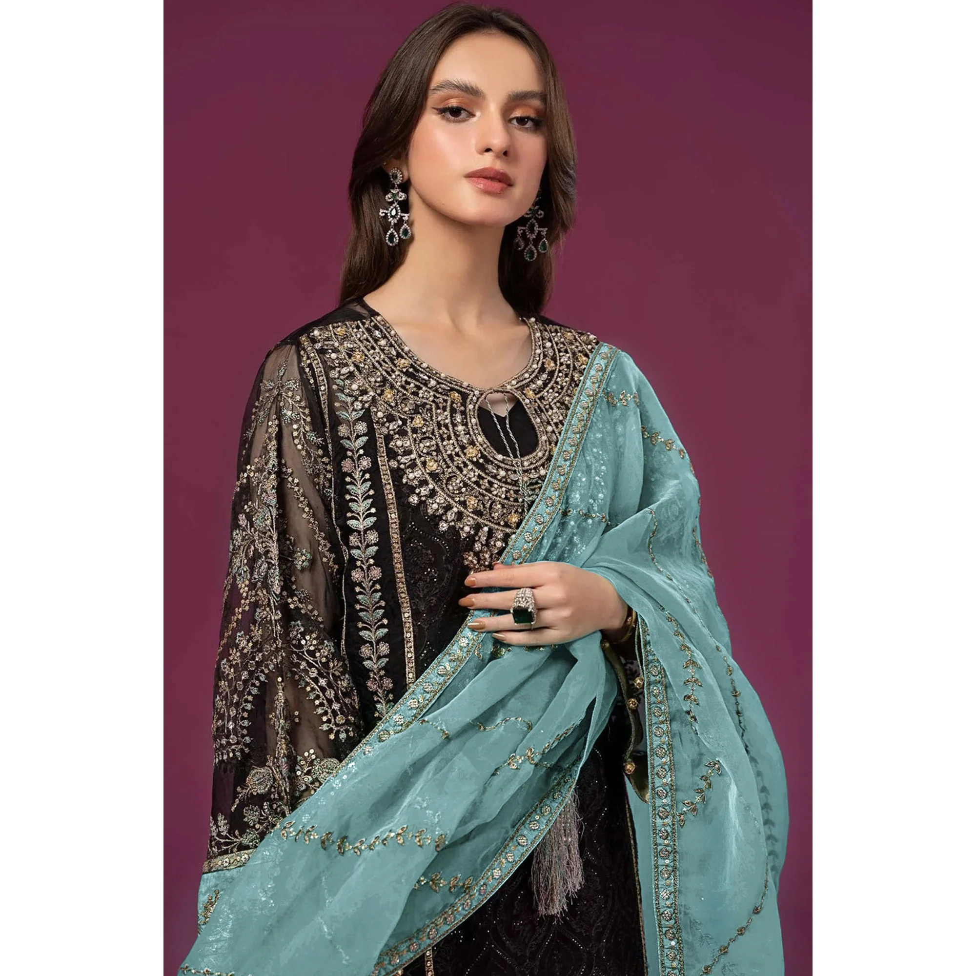 Black & Sky Blue Embroidered Georgette Semi Stitched Pakistani Suit - Image 4