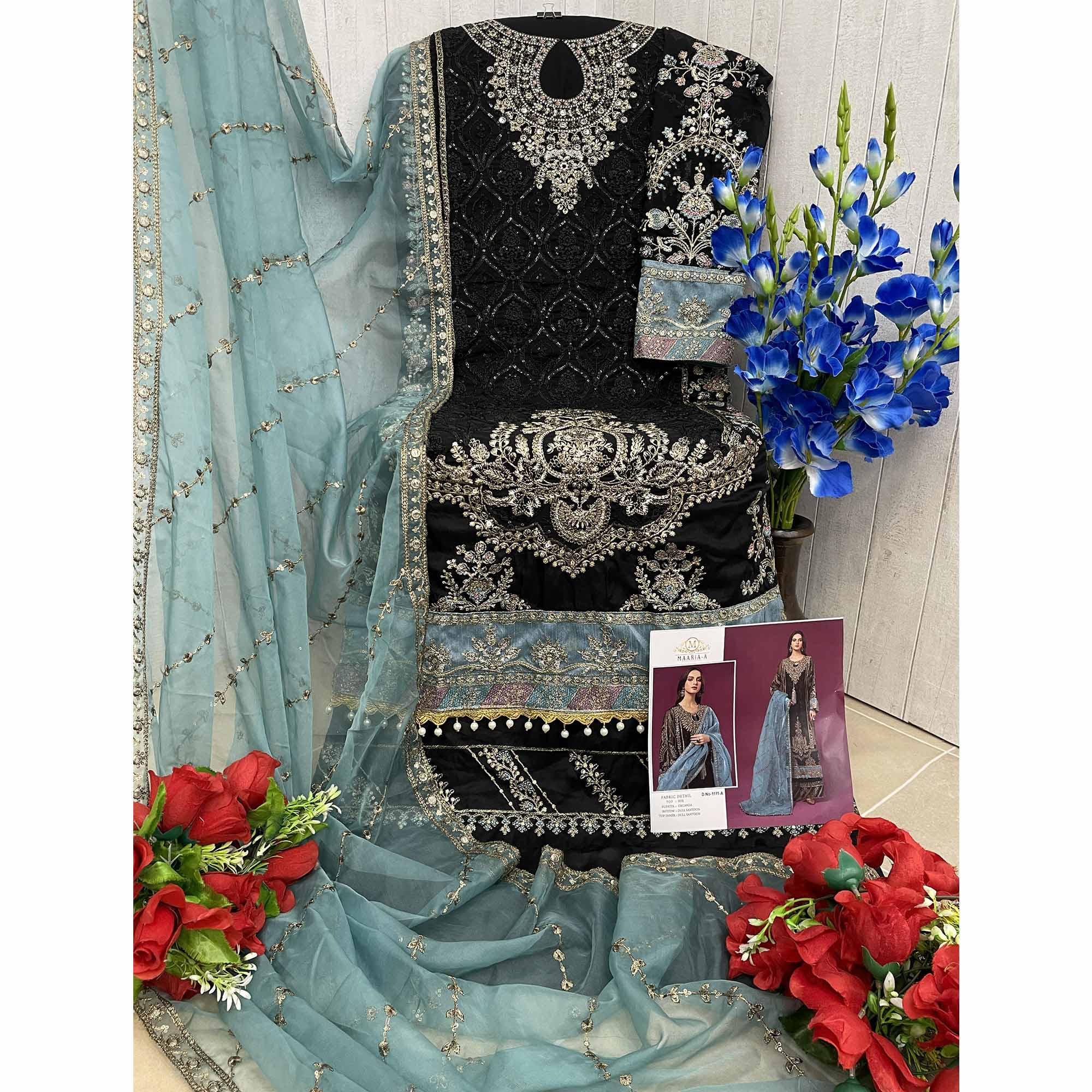 Black & Sky Blue Embroidered Georgette Semi Stitched Pakistani Suit - Image 5