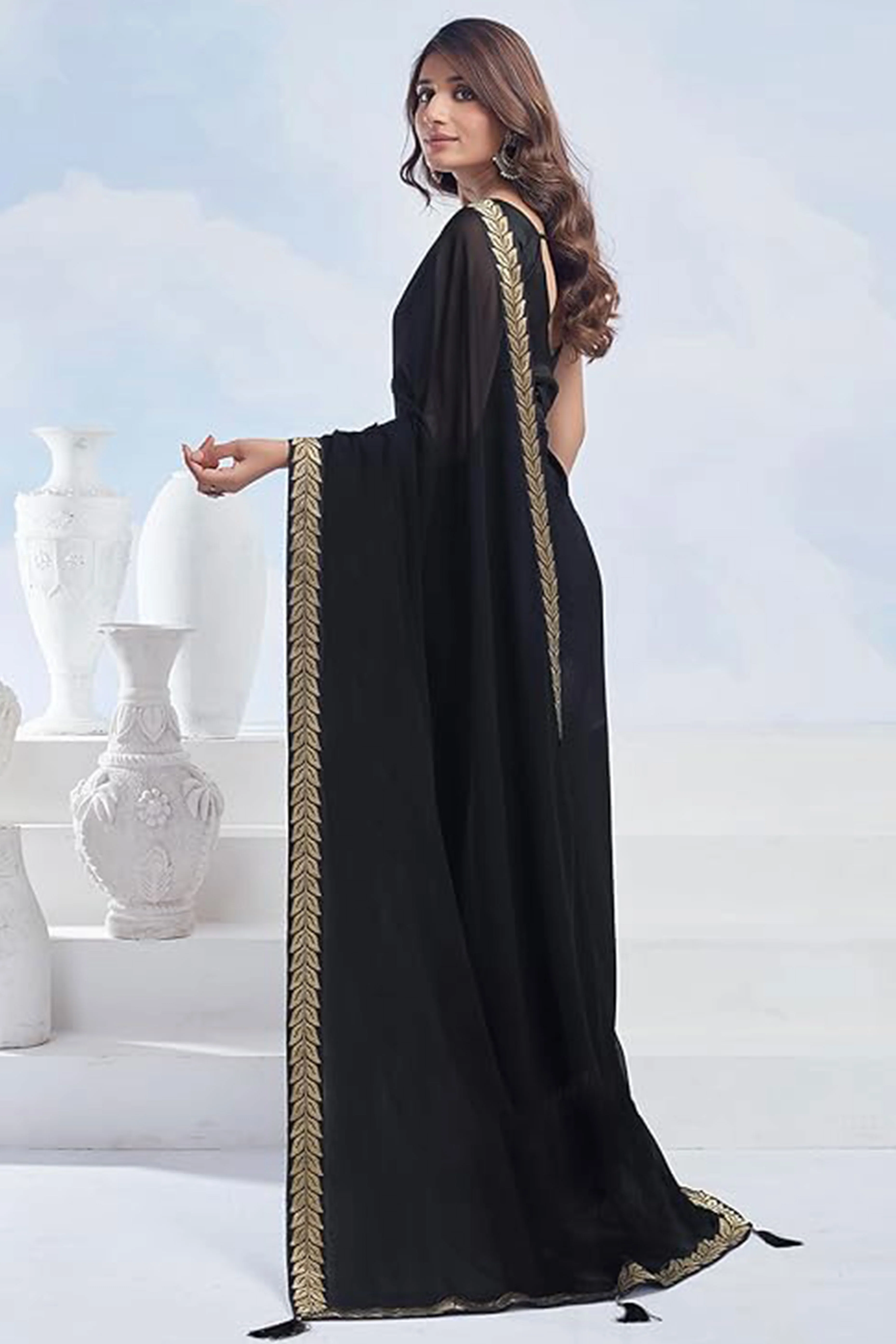 Black Solid Georgette Saree With Embroidered Border - Image 3