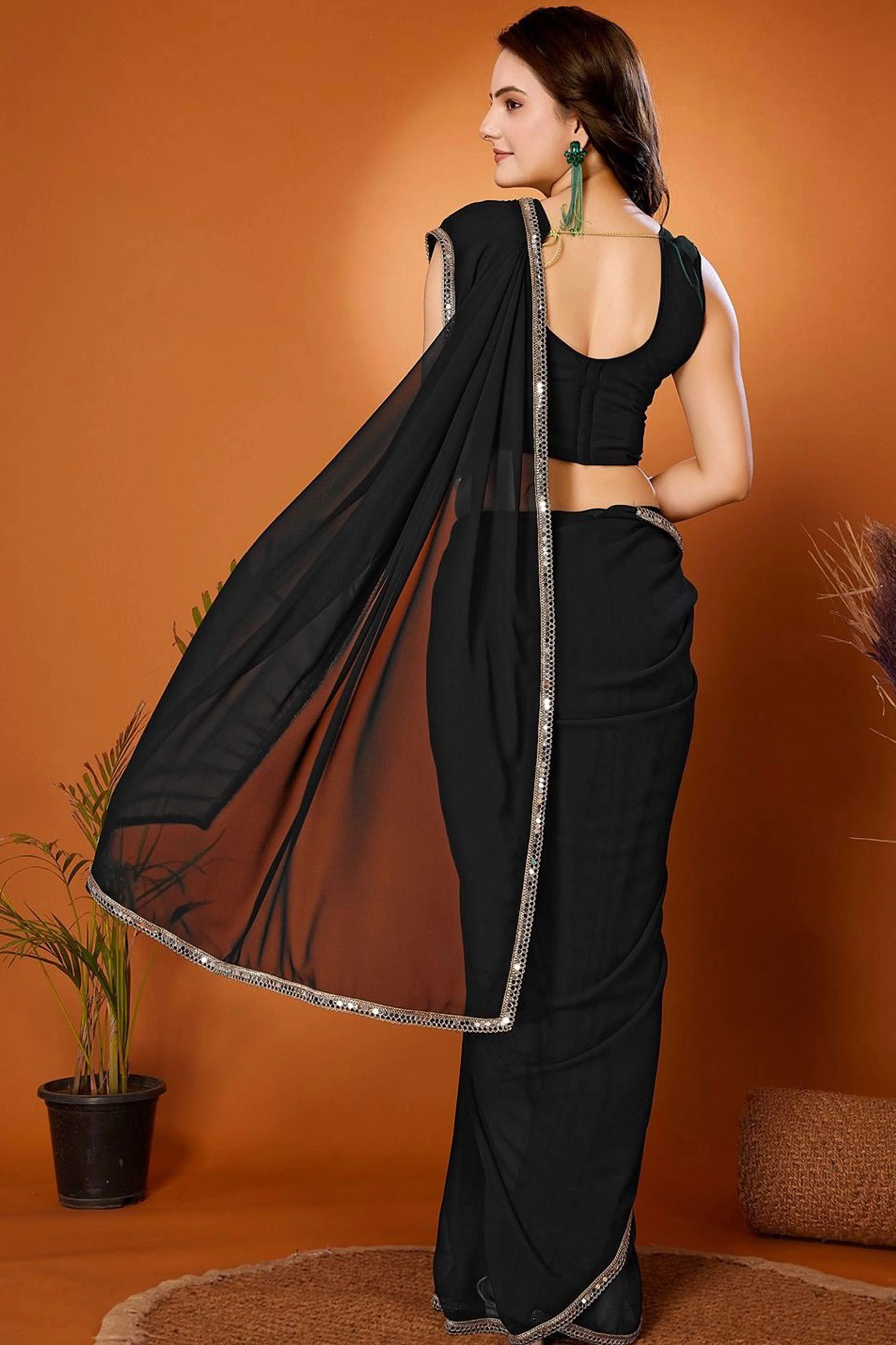 Black Solid Georgette Saree With Mirror Border - Image 3