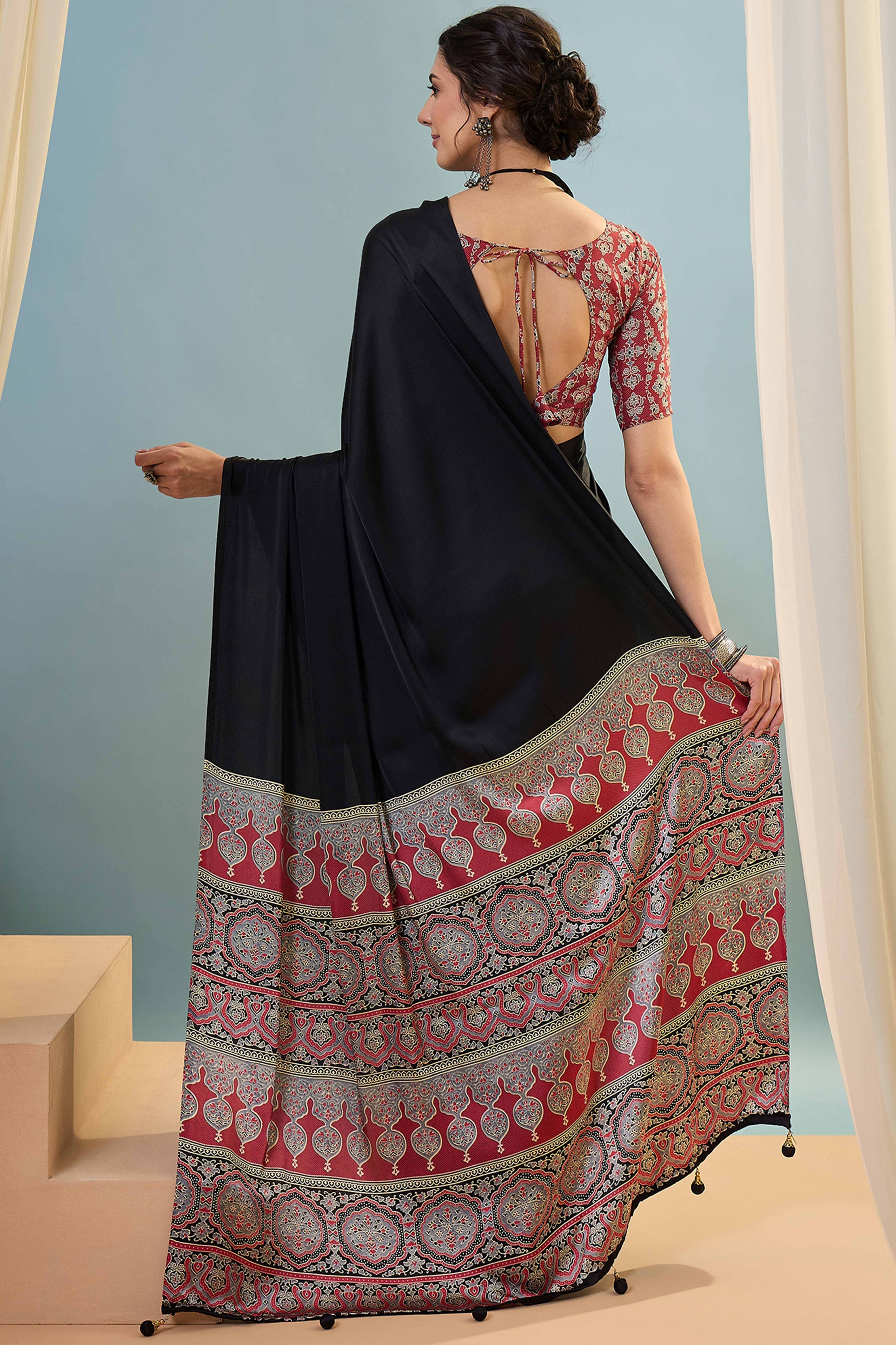 Black Solid Modal Satin Saree Highlighted With Classic Ajrakh Pallu Design - Image 5