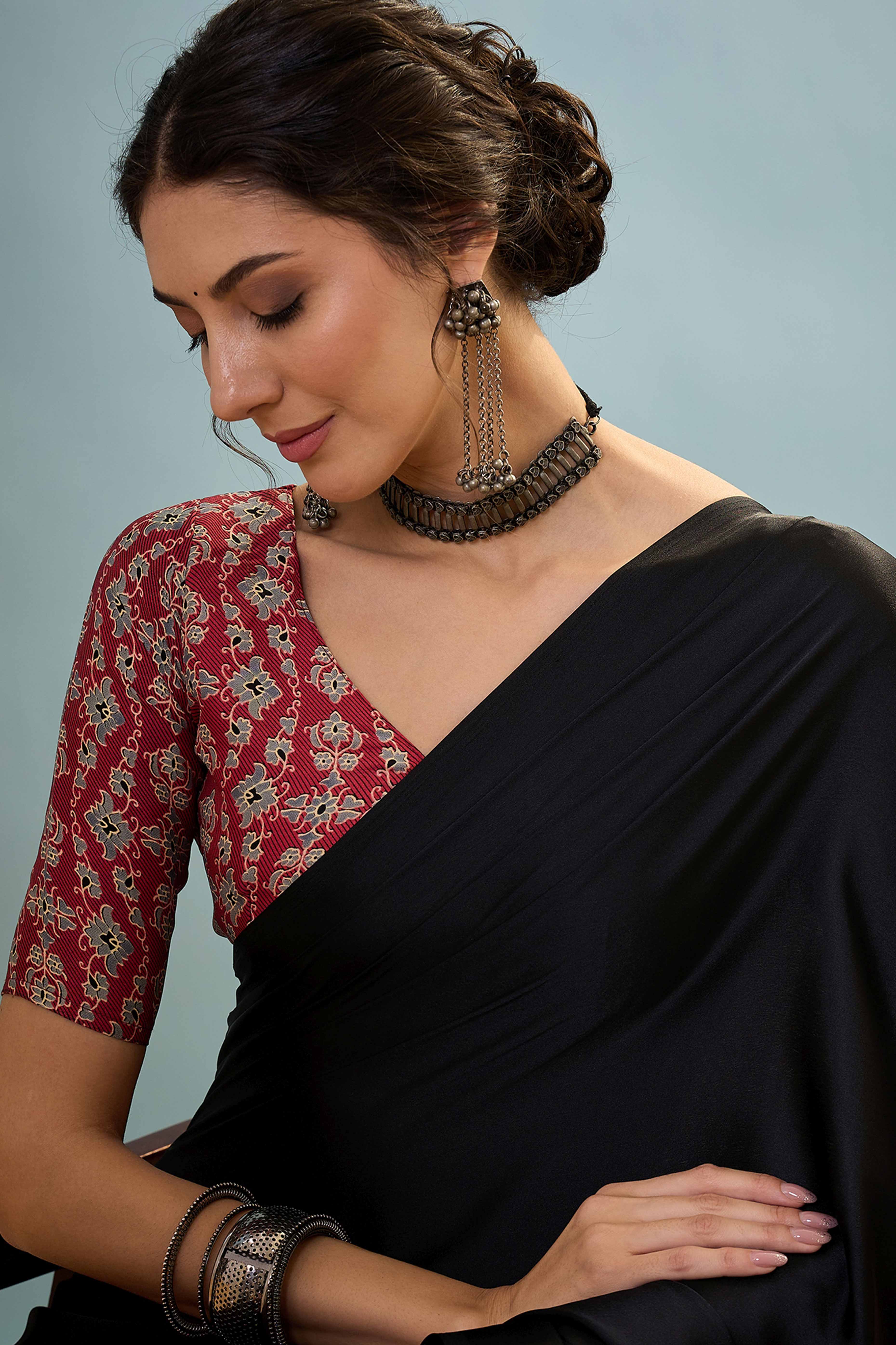 Black Solid Modal Satin Saree Highlighted With Classic Ajrakh Pallu Design - Image 6