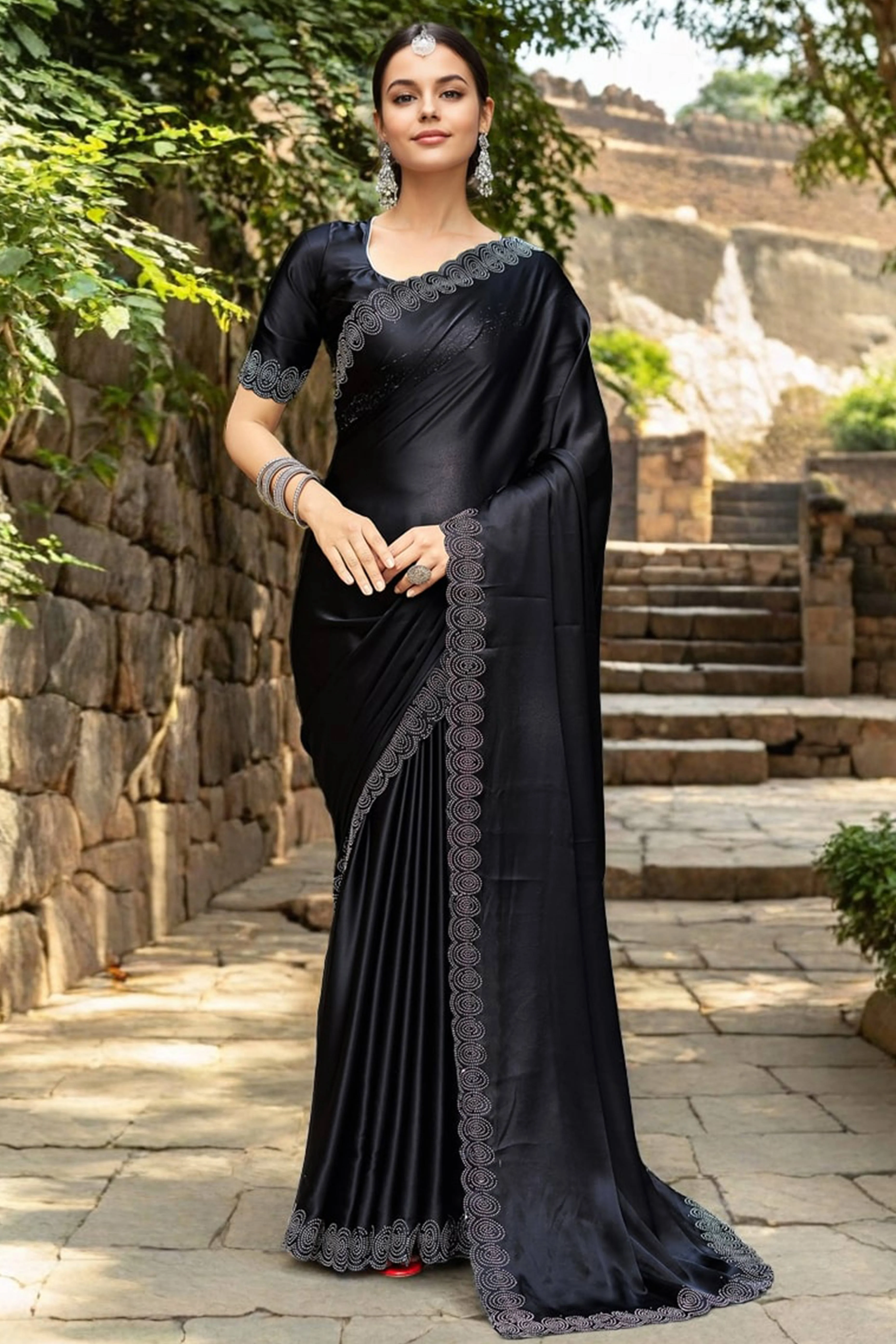 Black Solid Rangoli Dola Silk Saree Featuring Sparkling Swarovski Work Border - Image 5