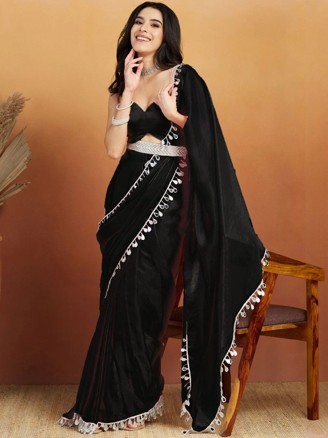 Black Solid Satin Saree with Elegant Gotta Patti Lace Border