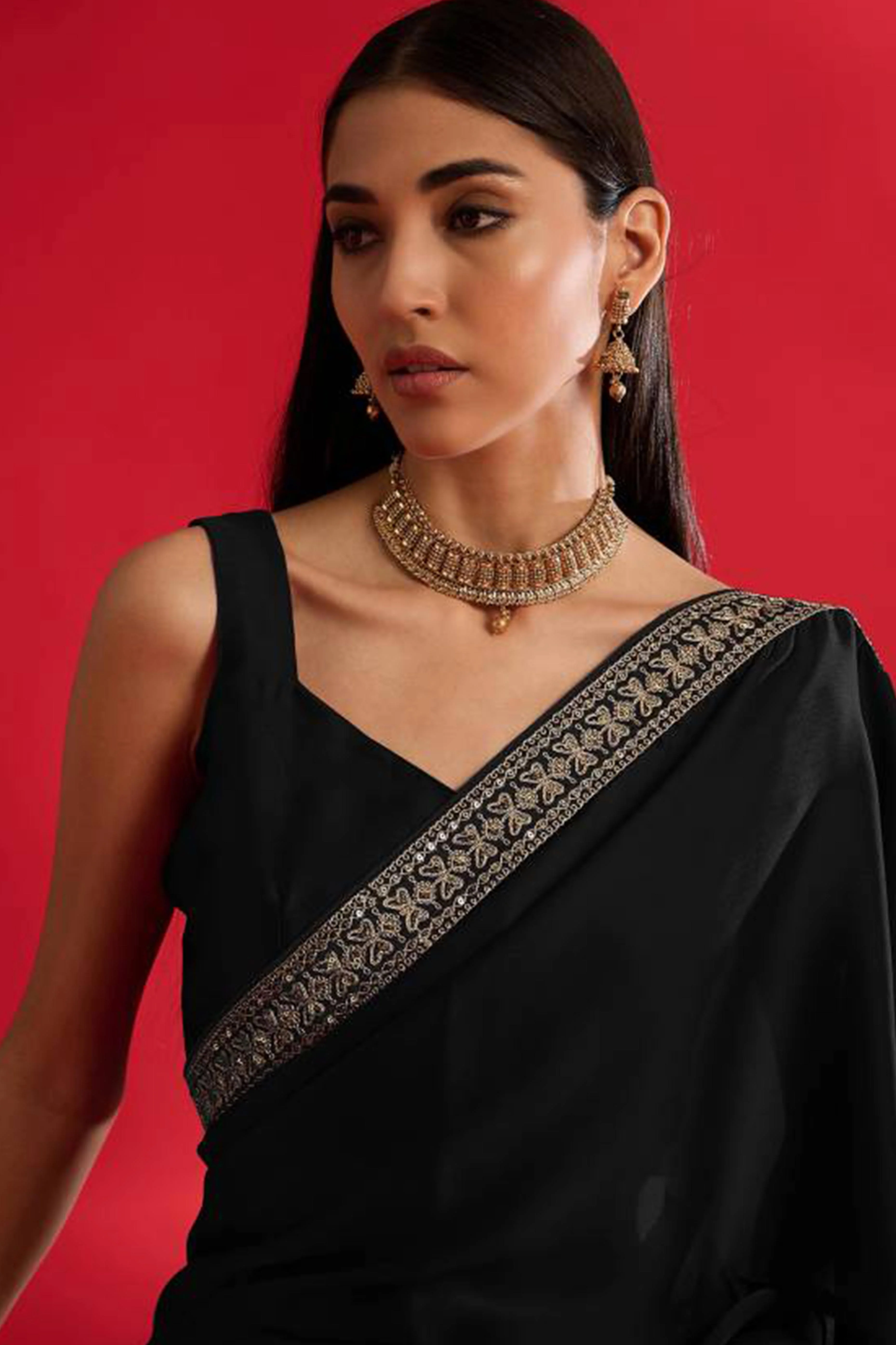 Black Solid With Embellished Bordered Chiffon Sarees - Image 6