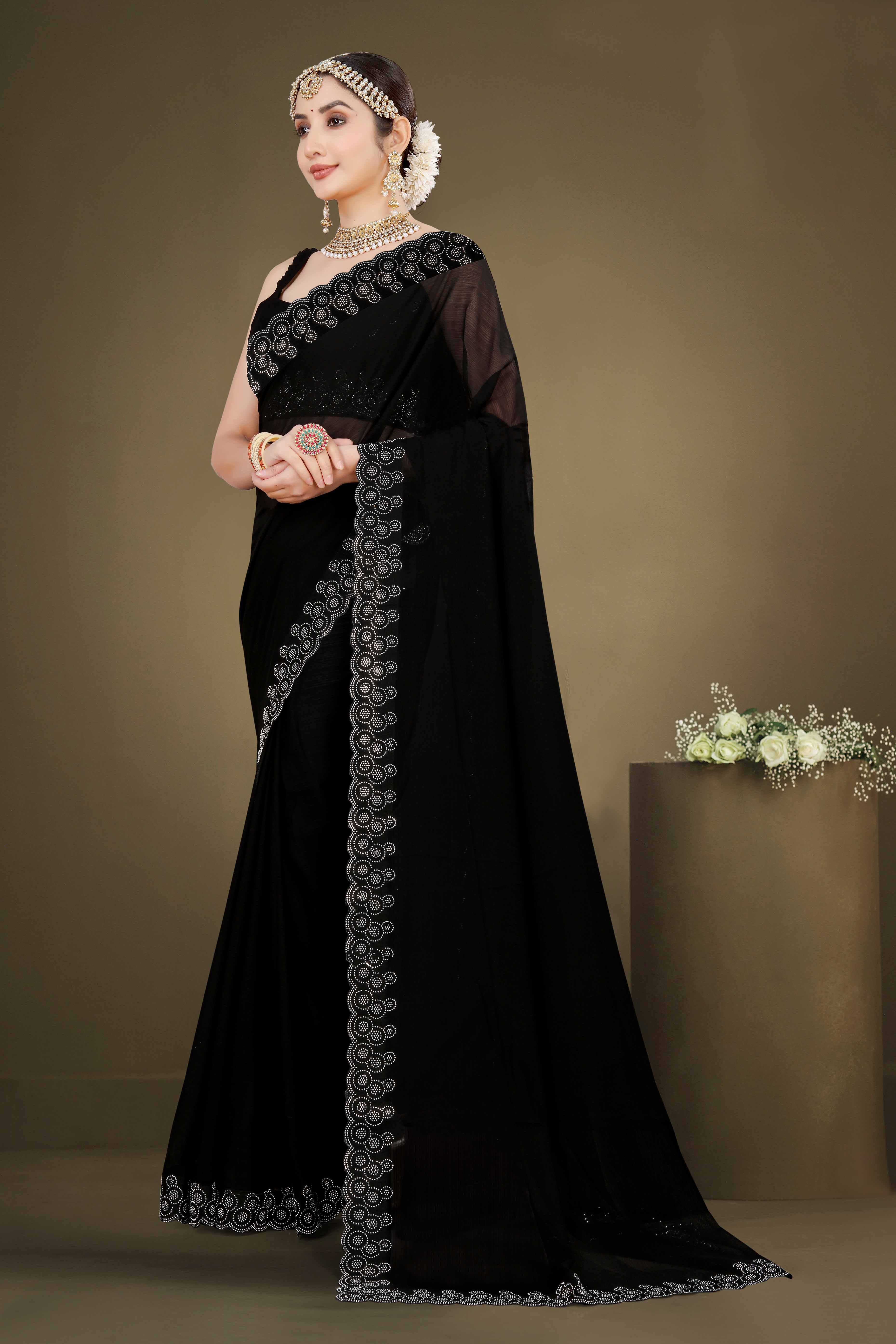 Black Solid With Swarovski Work Chiffon Saree - Image 4