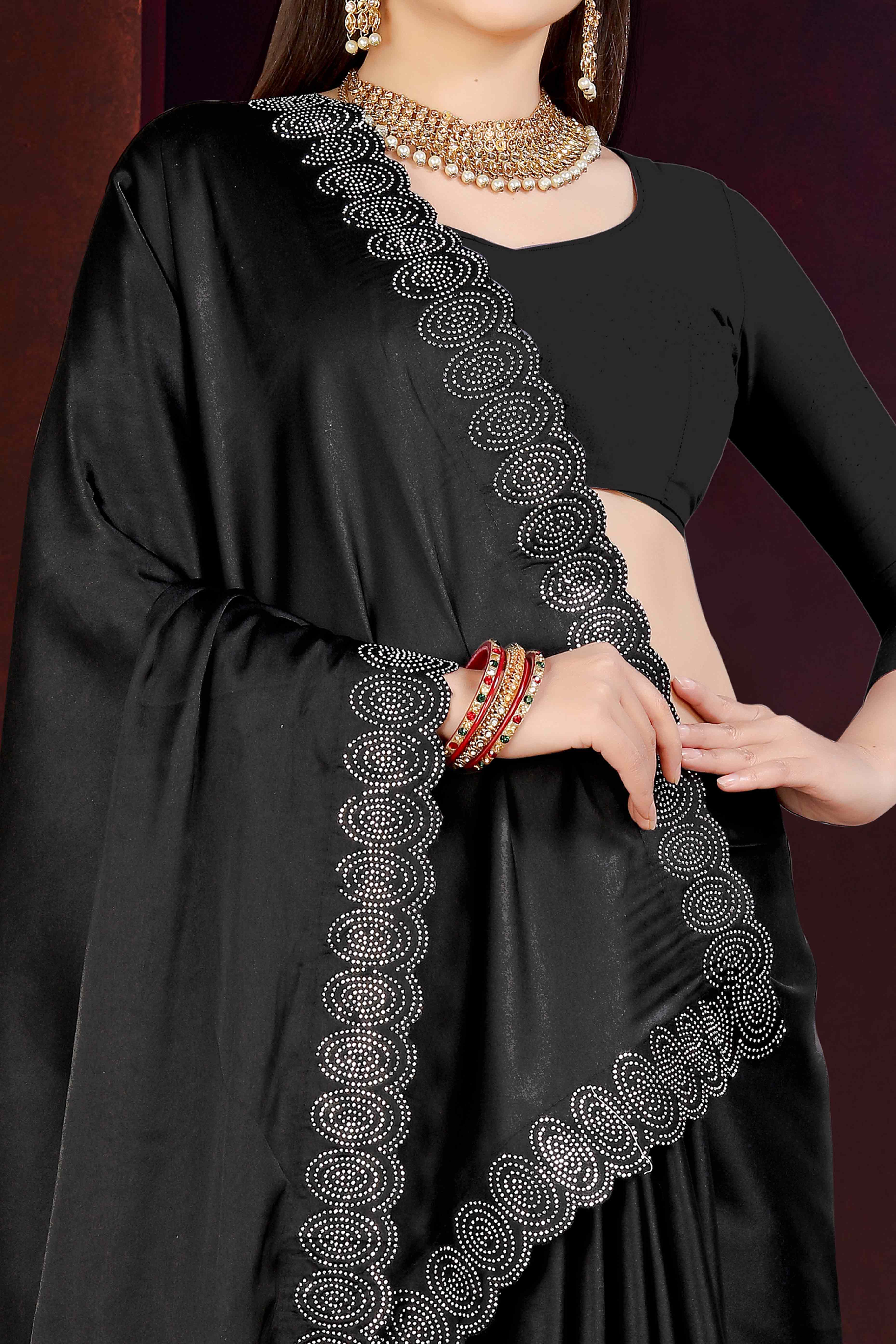 Black Solid With Swarovski Work Satin Saree - Image 2