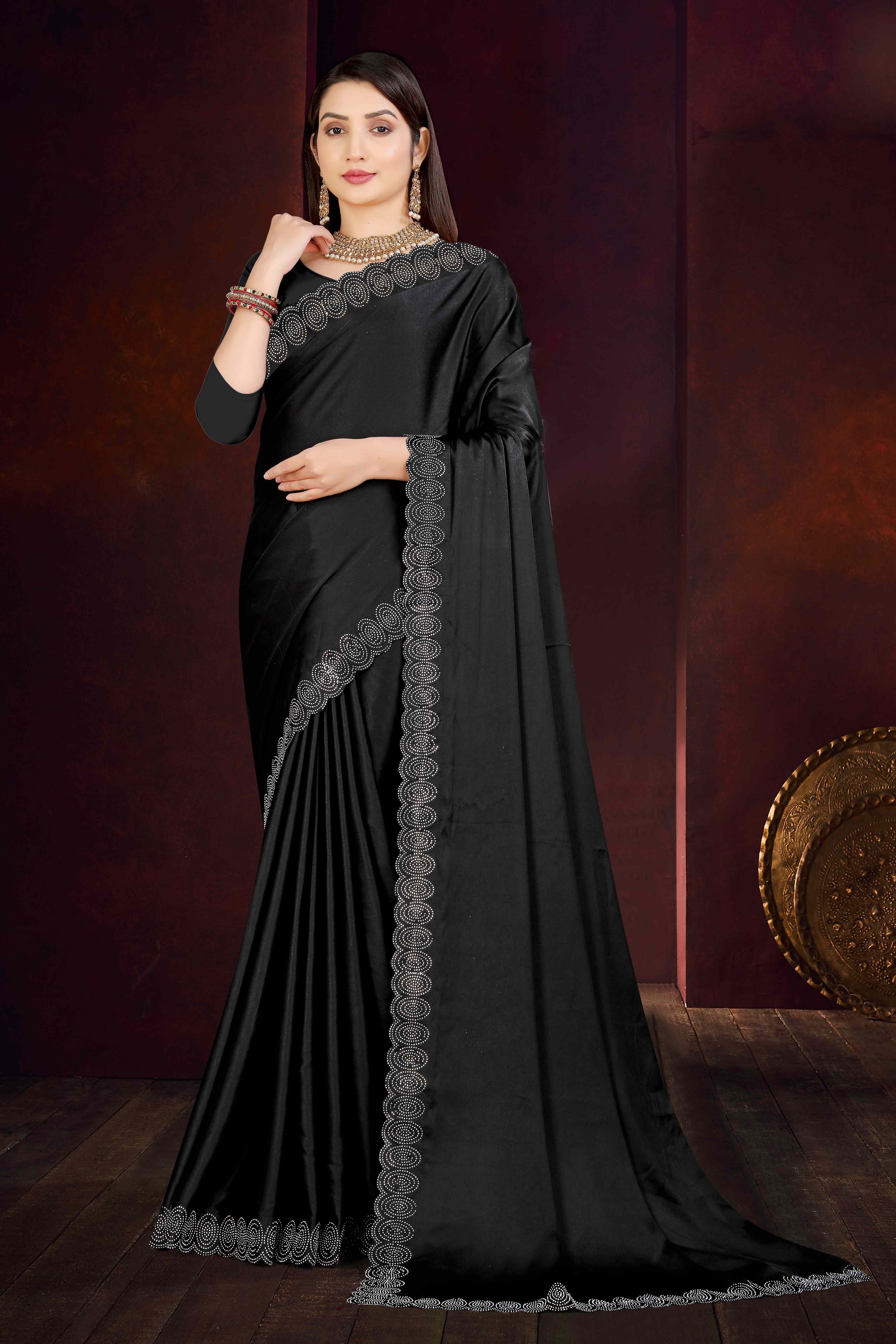 Black Solid With Swarovski Work Satin Saree - Image 3