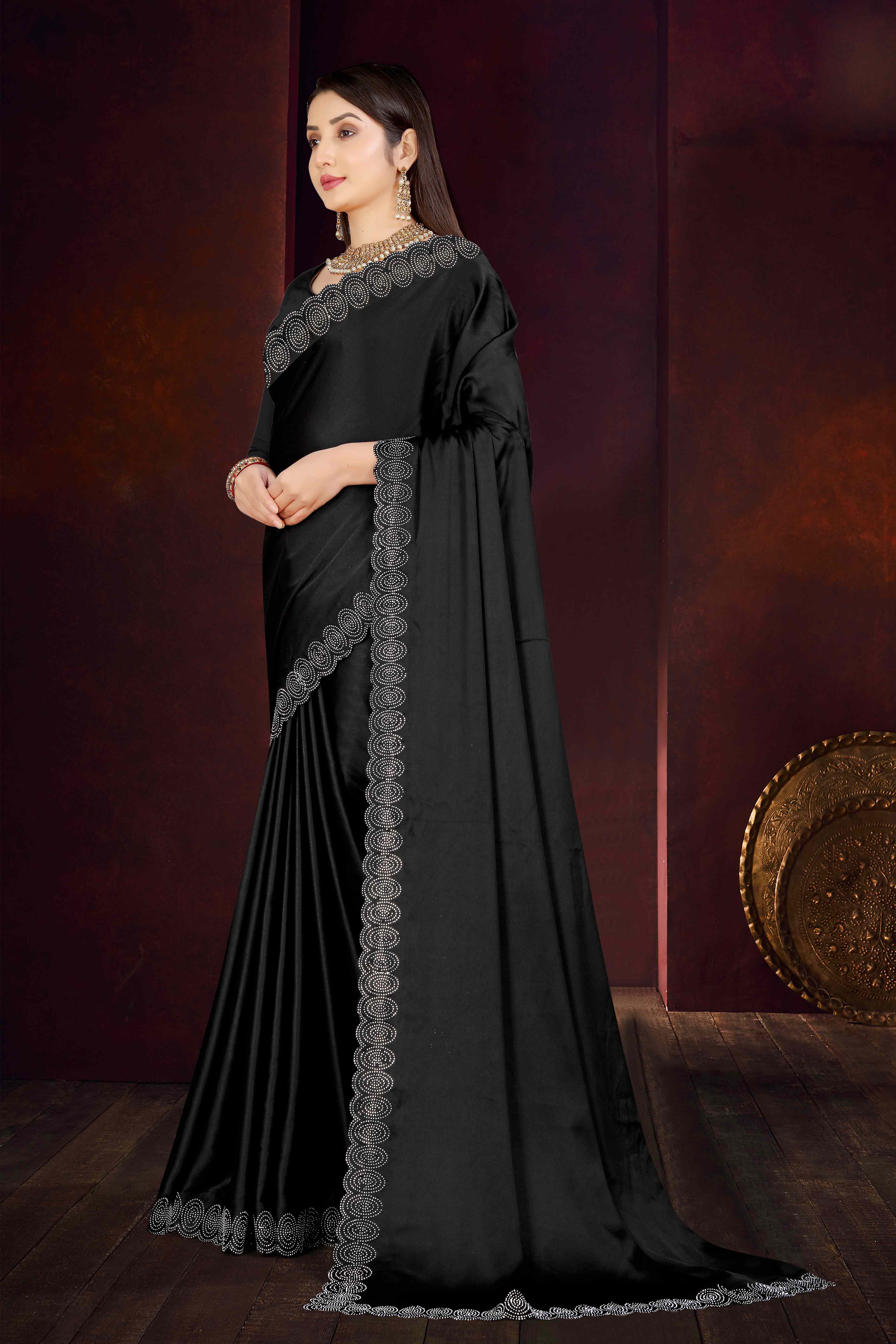 Black Solid With Swarovski Work Satin Saree - Image 4