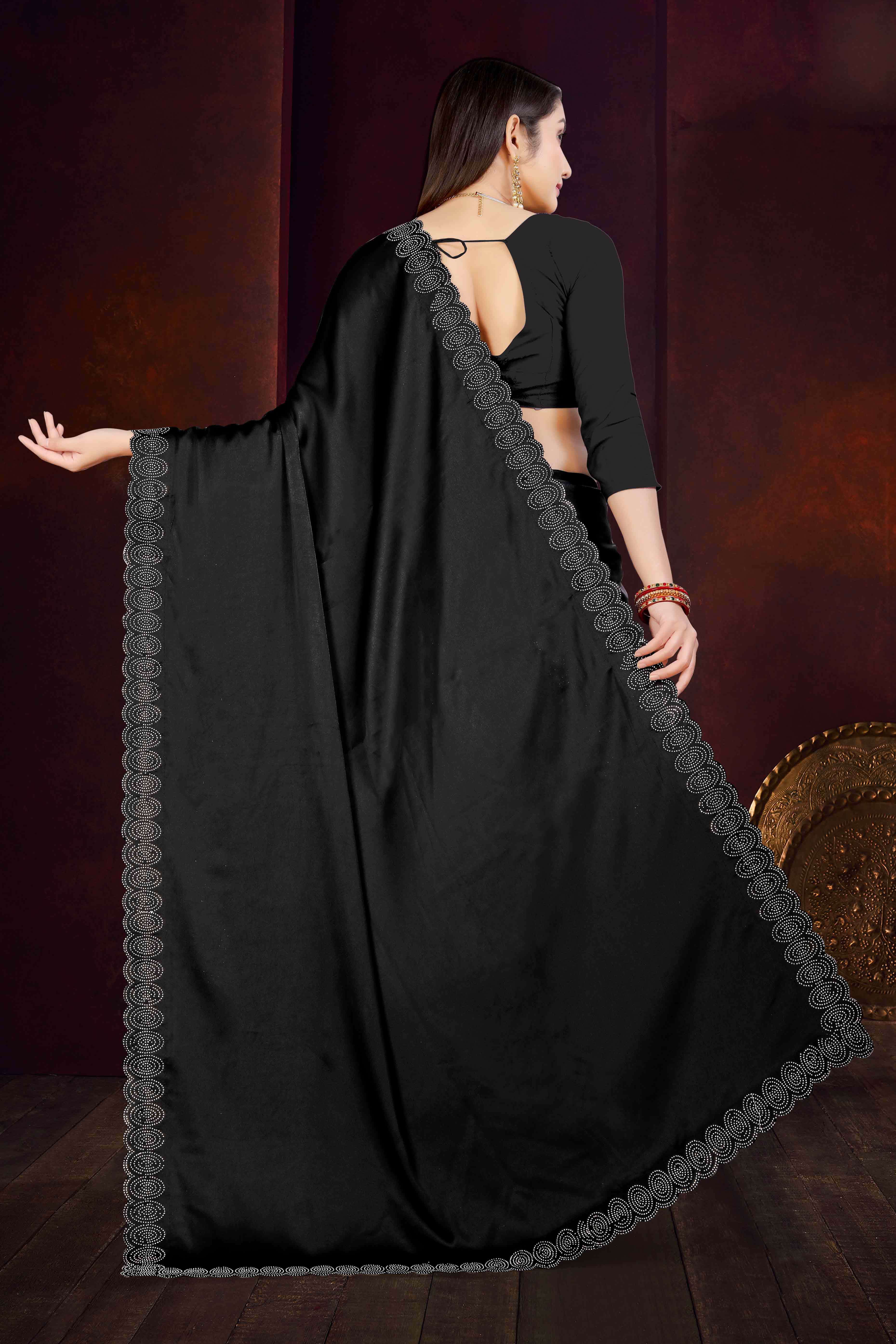 Black Solid With Swarovski Work Satin Saree - Image 5
