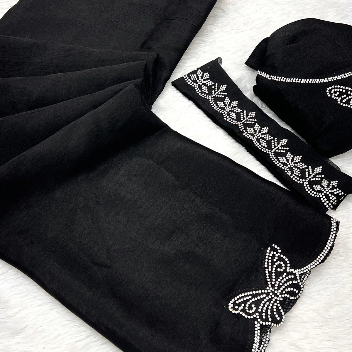 Black Stone Work Embroidered Chinon Saree - Image 2