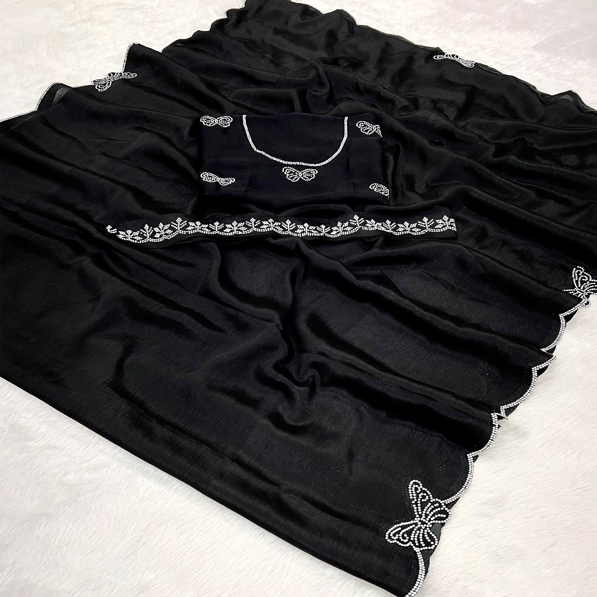 Black Stone Work Embroidered Chinon Saree - Image 3