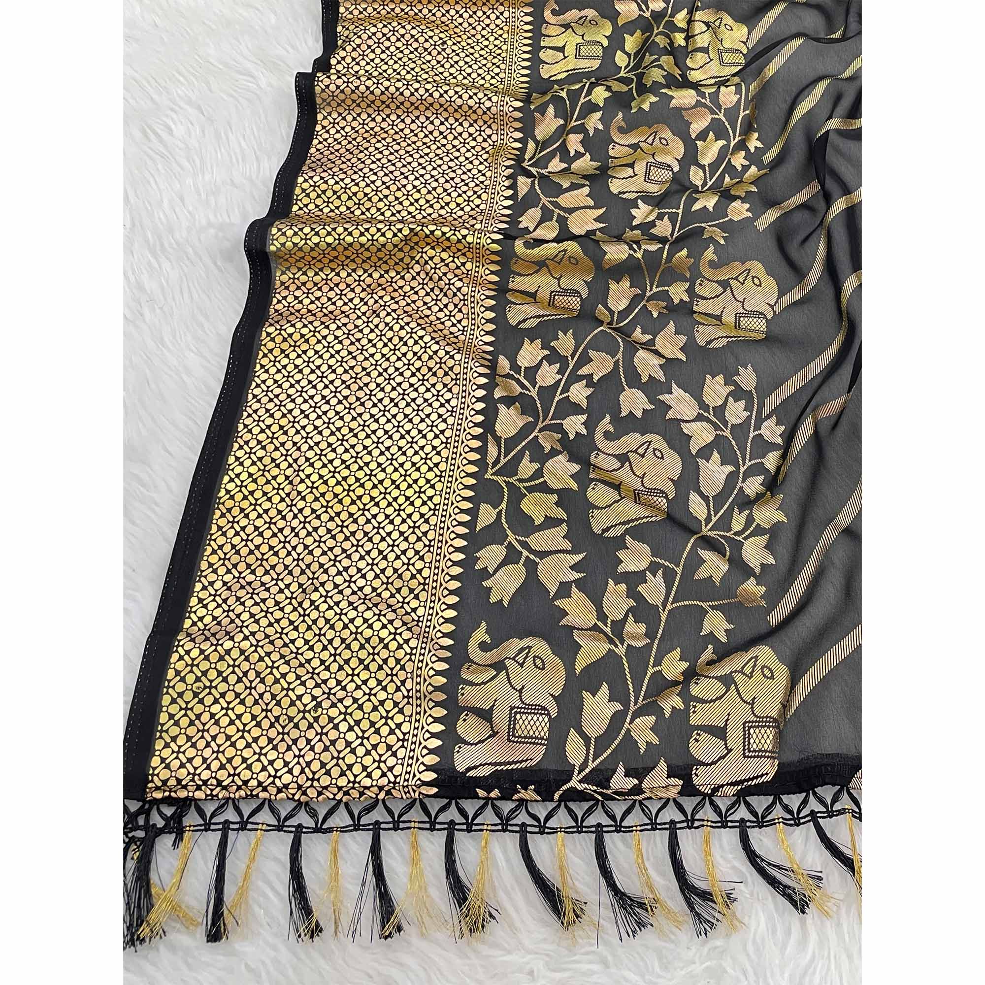 Black Striped Foil Printed Georgette Saree With Tassels - Image 3