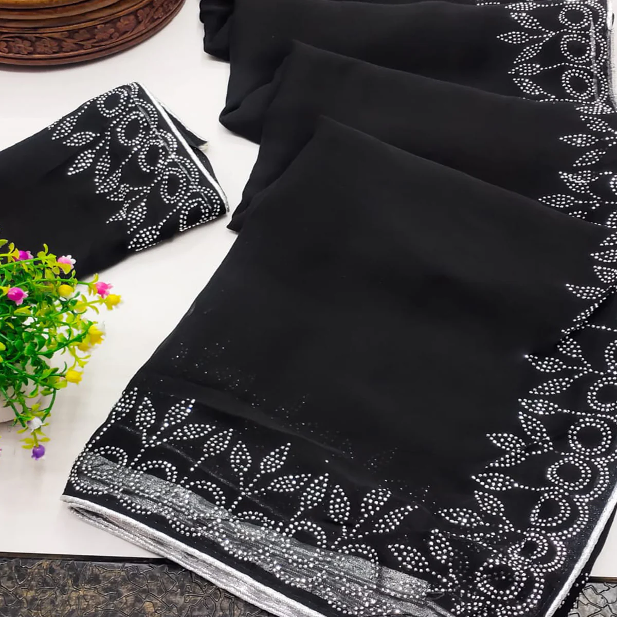 Black Swarovski Work Embroidered Georgette Saree - Image 2