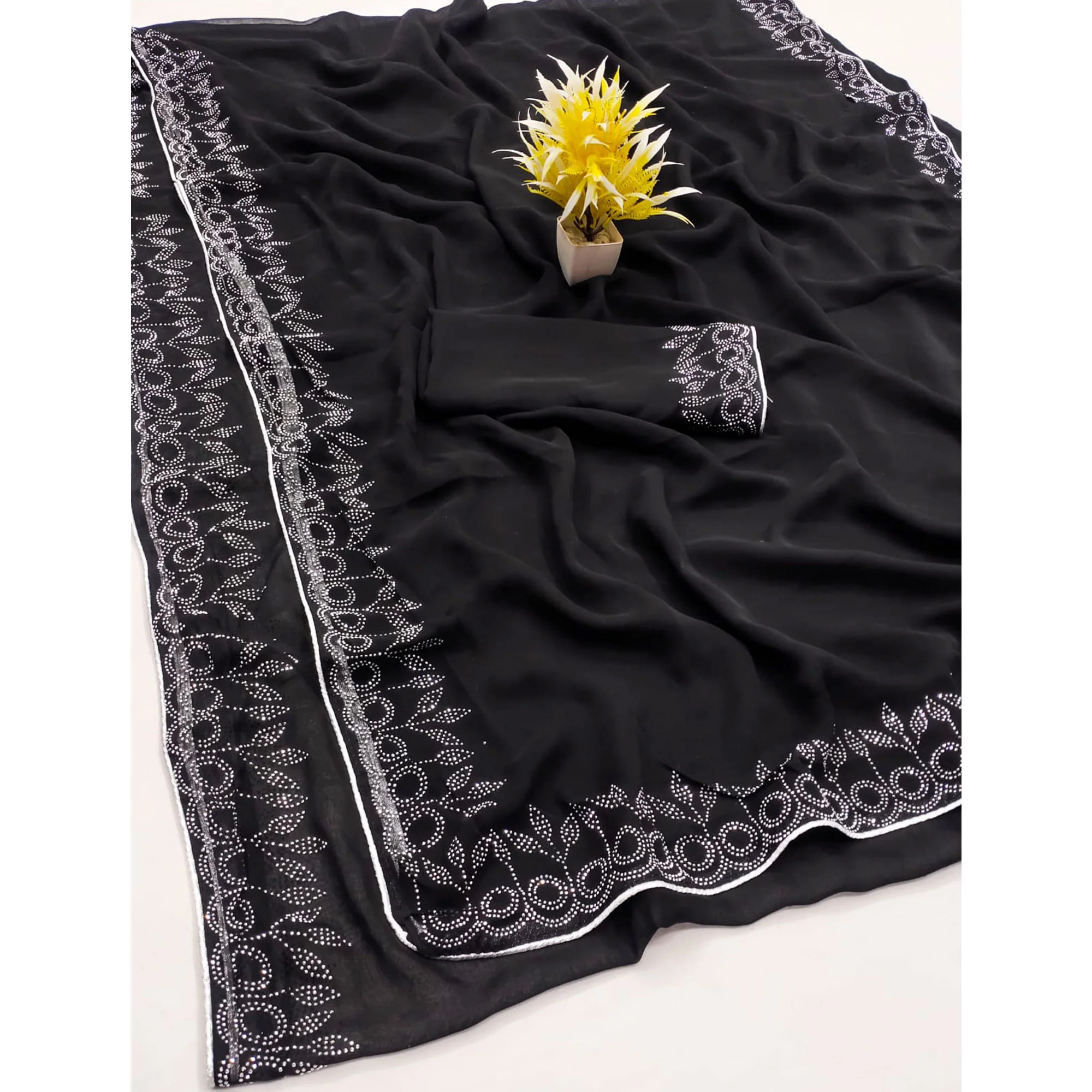 Black Swarovski Work Embroidered Georgette Saree - Image 3