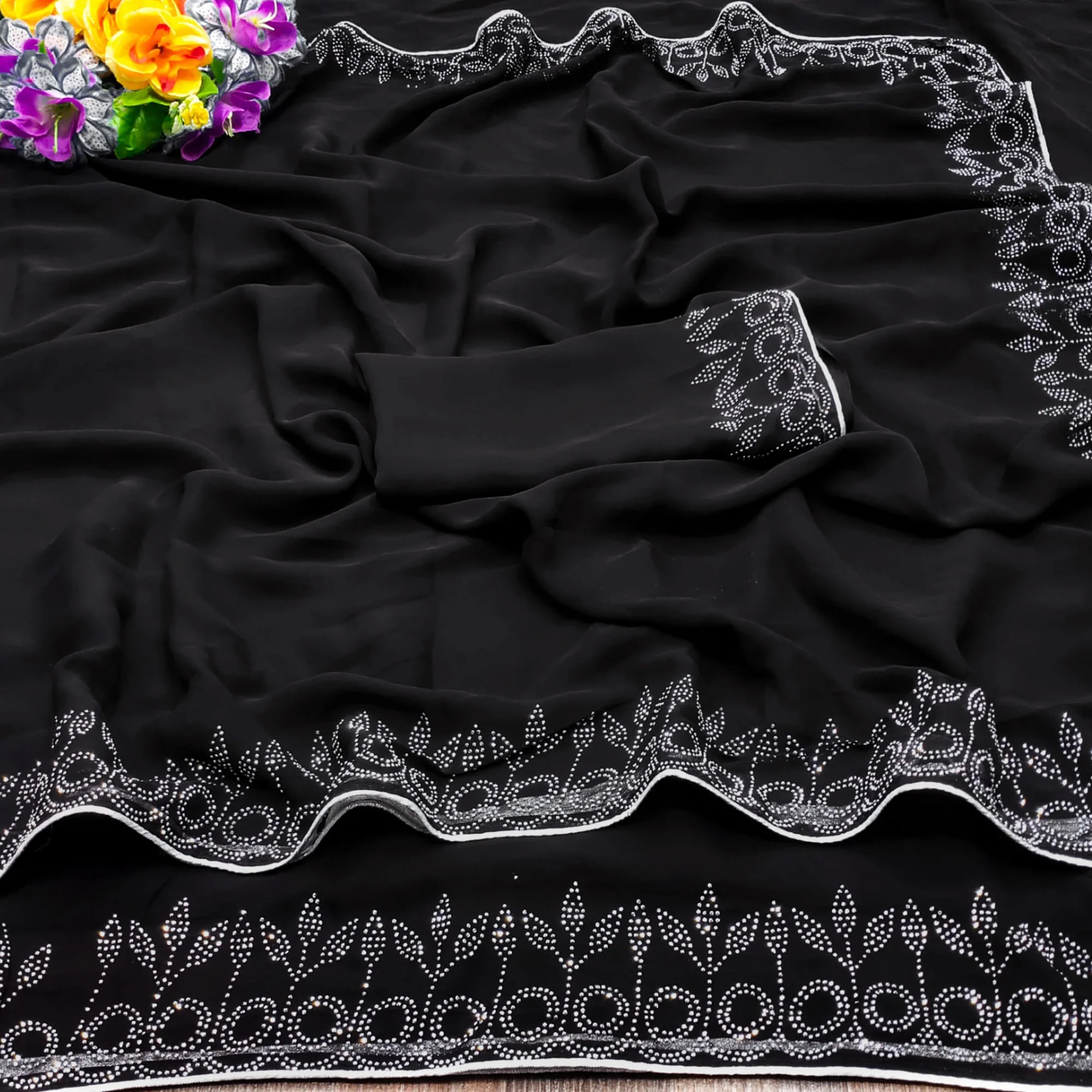 Black Swarovski Work Embroidered Georgette Saree - Image 4