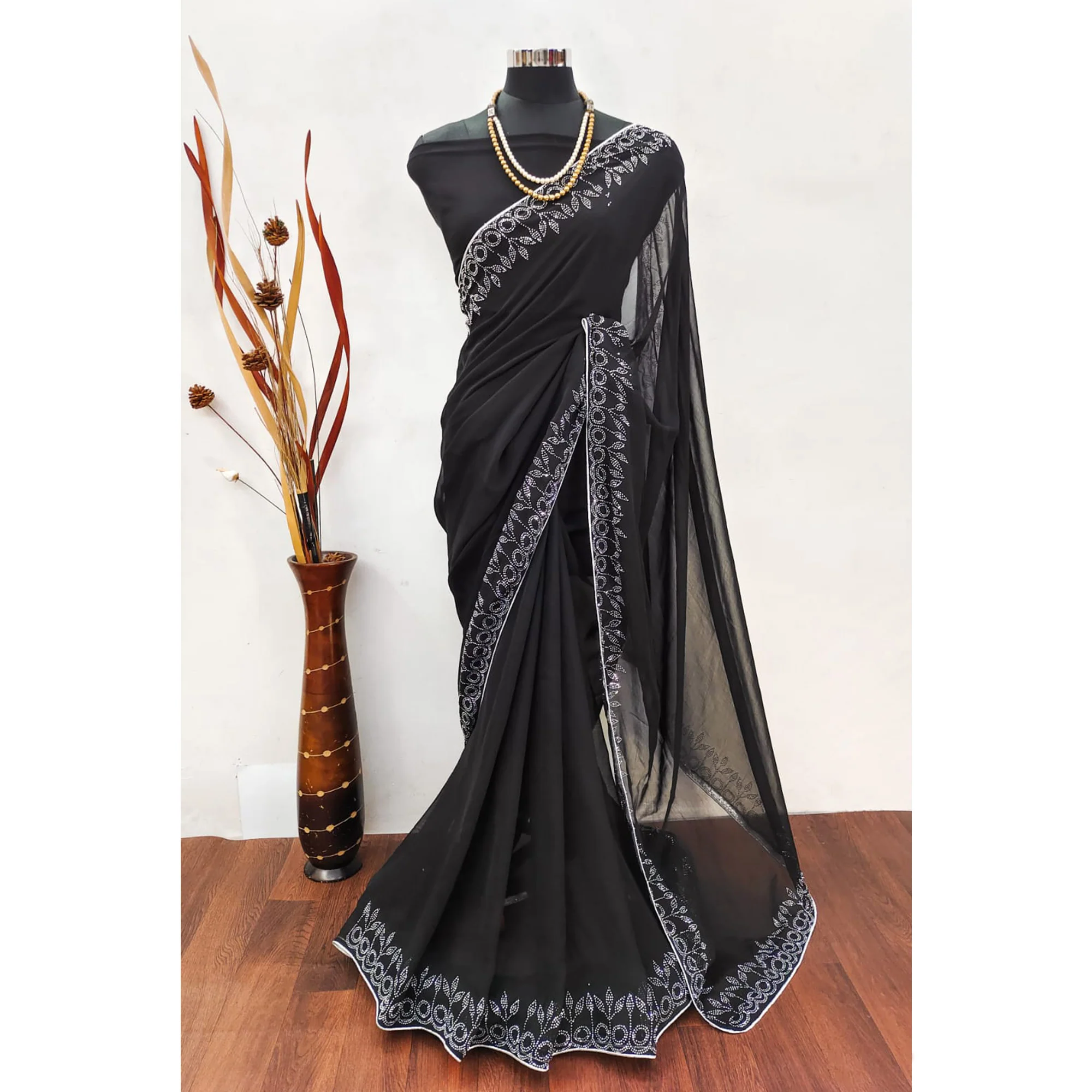 Black Swarovski Work Embroidered Georgette Saree - Image 5