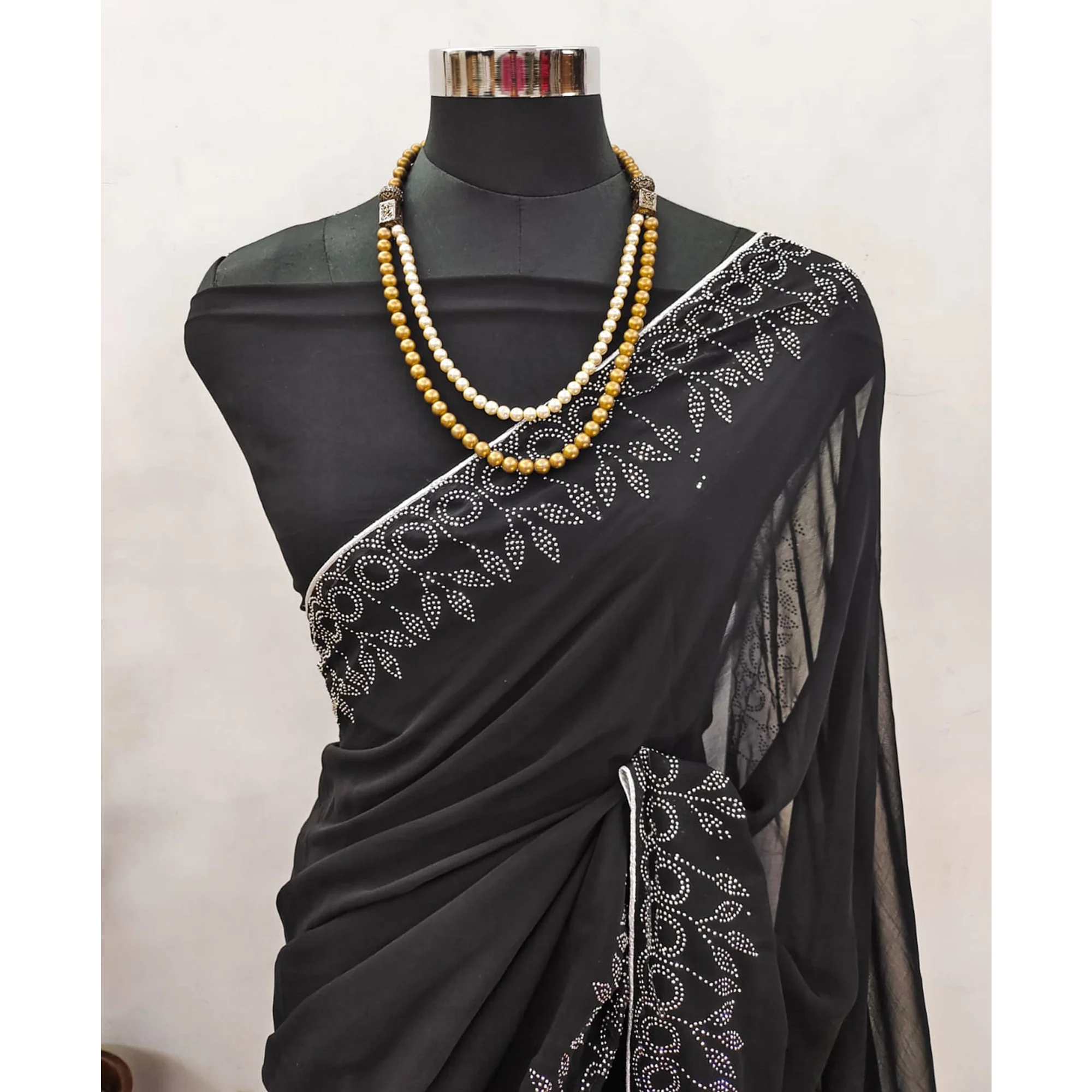 Black Swarovski Work Embroidered Georgette Saree - Image 6