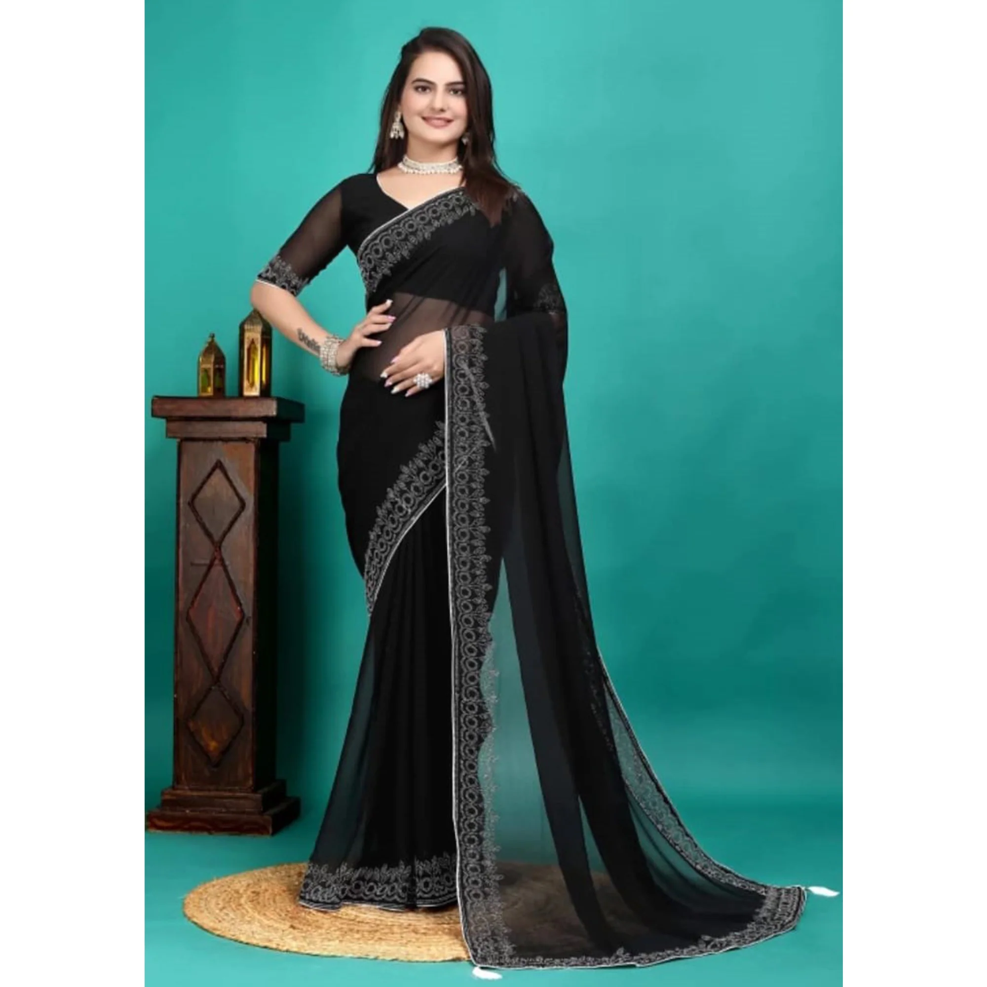 Black Swarovski Work Embroidered Georgette Saree - Image 7