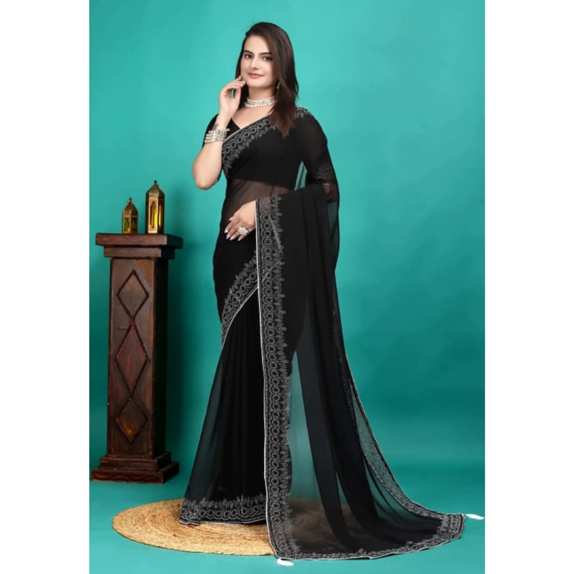 Black Swarovski Work Embroidered Georgette Saree - Image 8