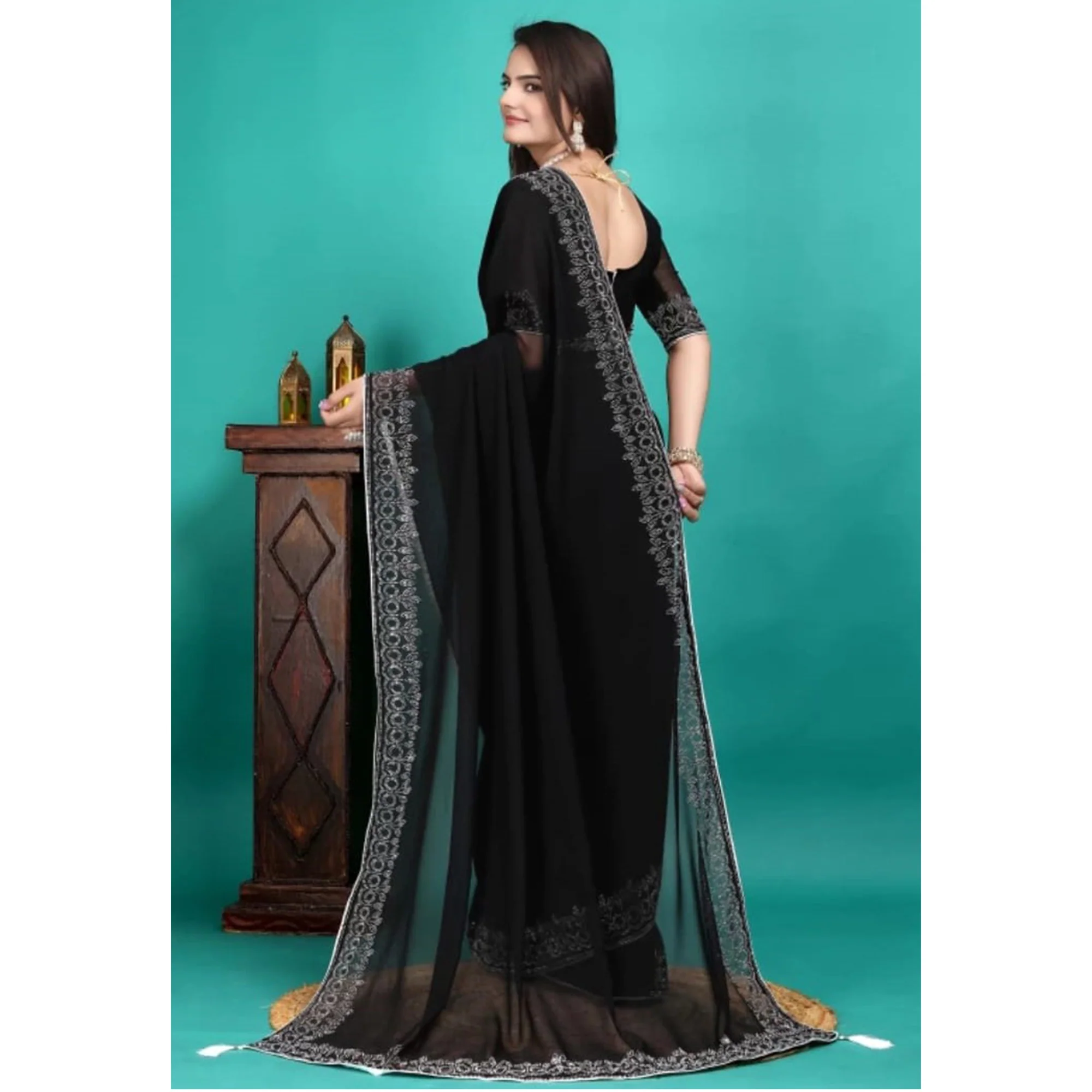 Black Swarovski Work Embroidered Georgette Saree - Image 9