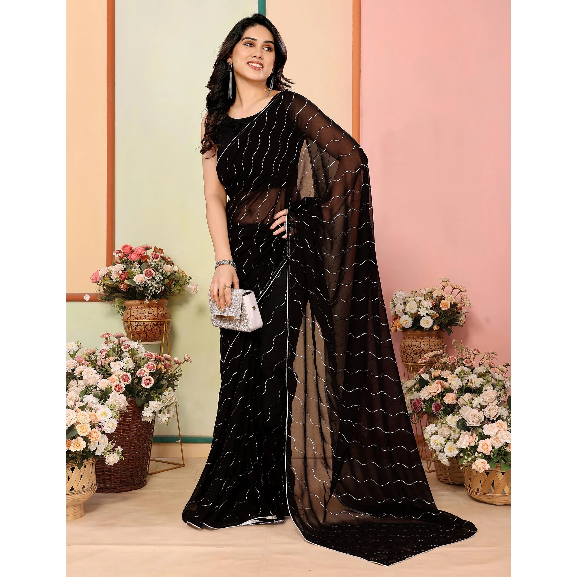 Black Swarovski Work Embroidered Georgette Saree - Image 4