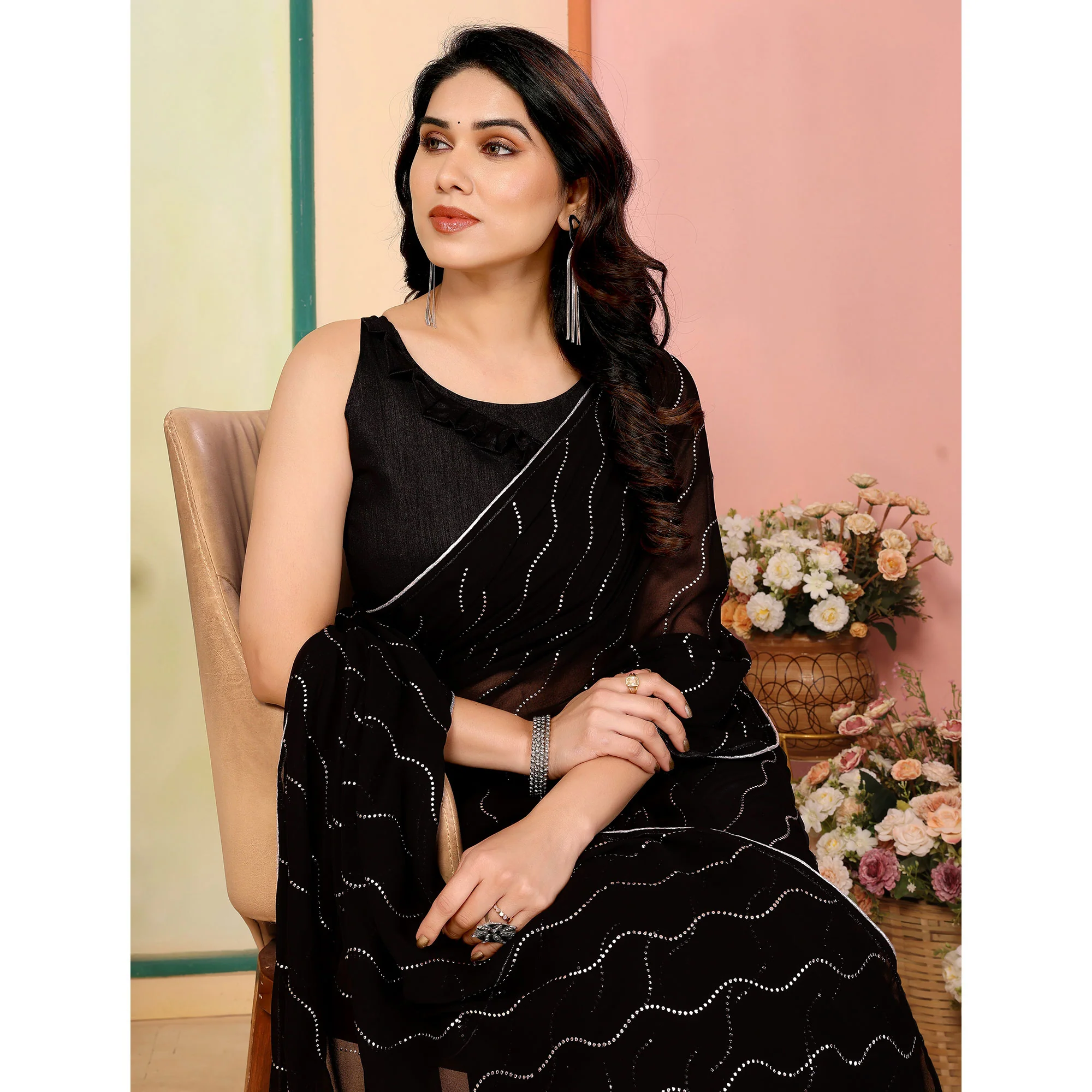 Black Swarovski Work Embroidered Georgette Saree - Image 6