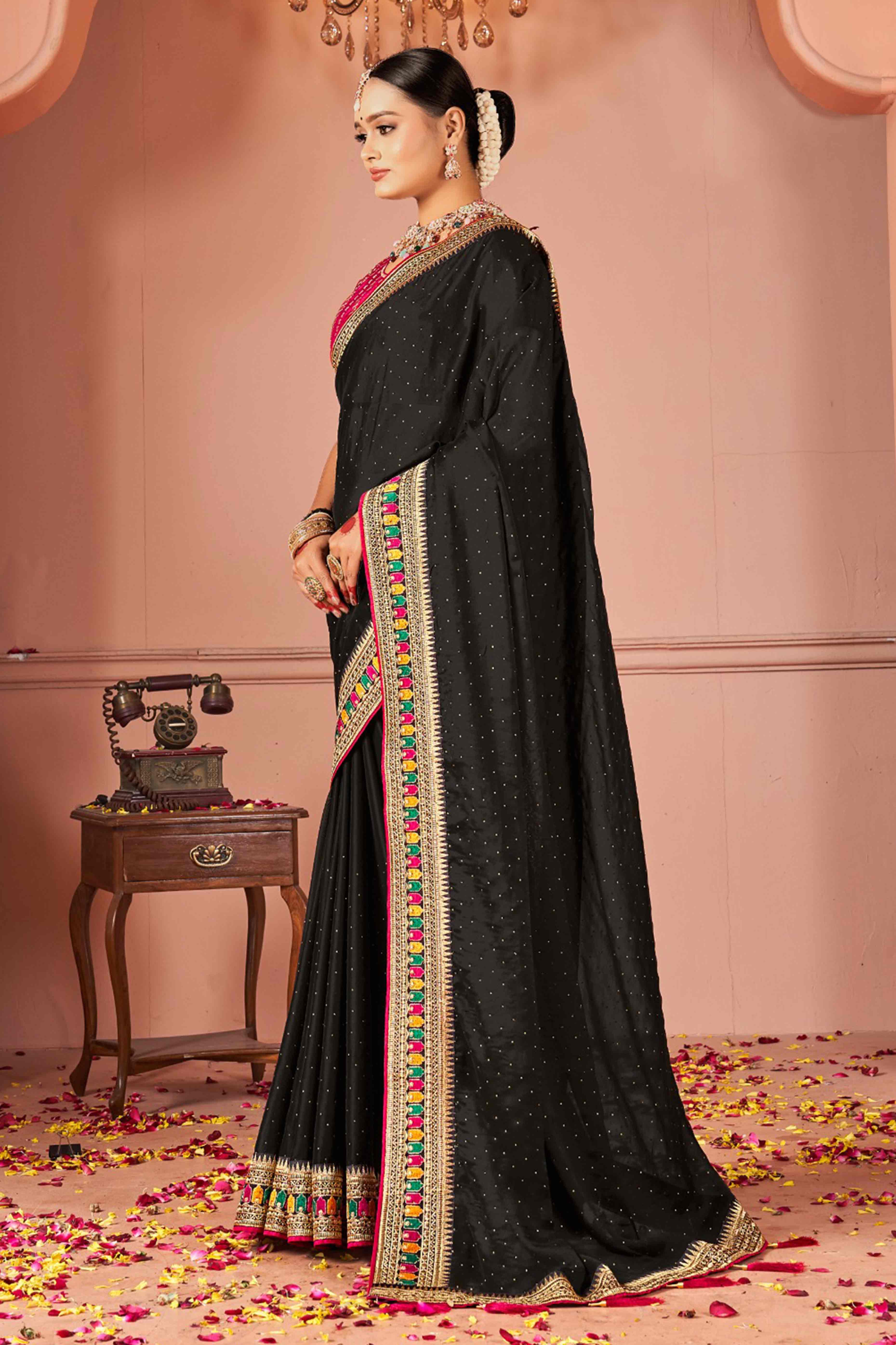 Black Swarovski Work Satin Rangoli Saree With Embroidered Border - Image 3