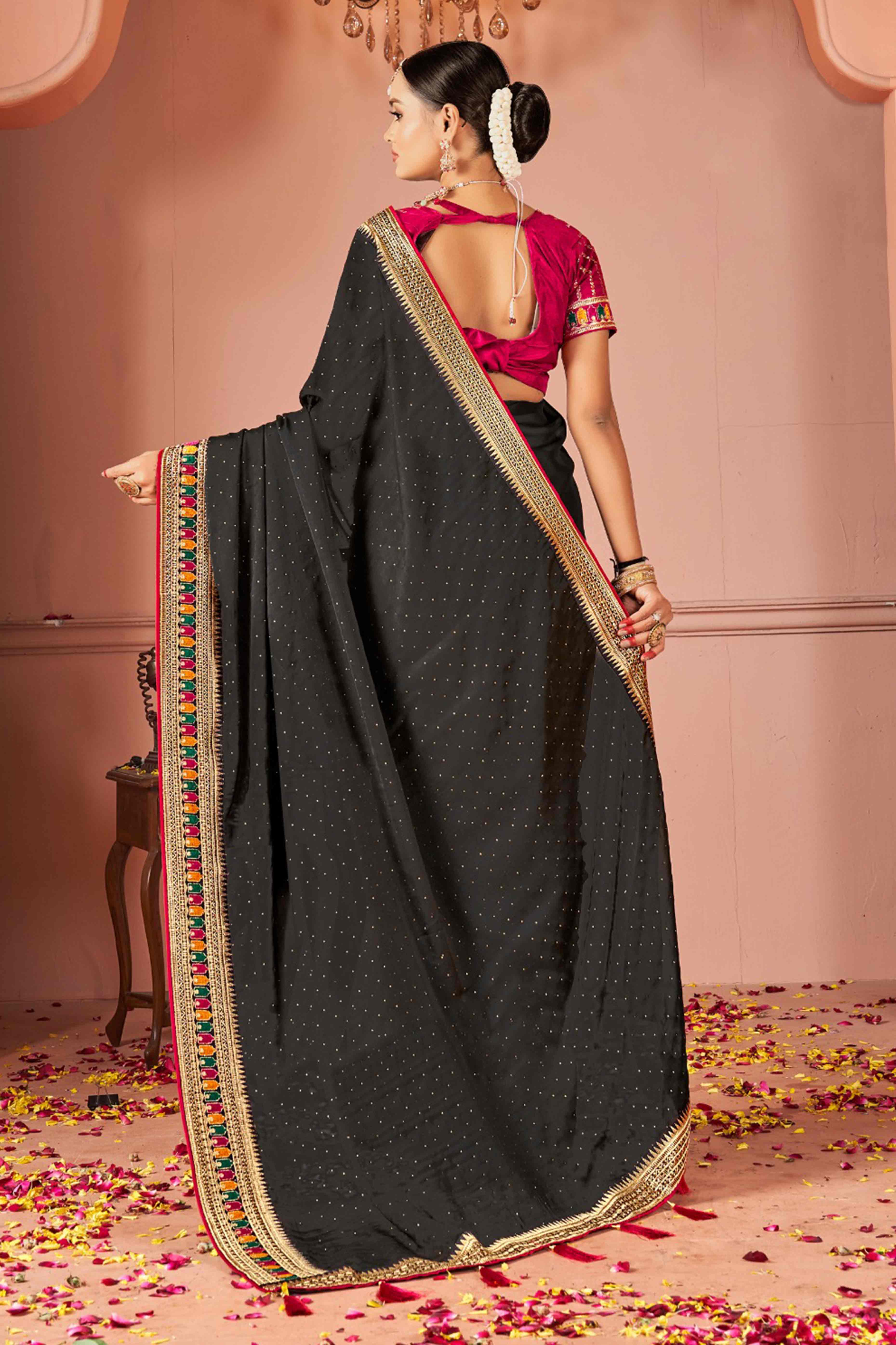 Black Swarovski Work Satin Rangoli Saree With Embroidered Border - Image 4