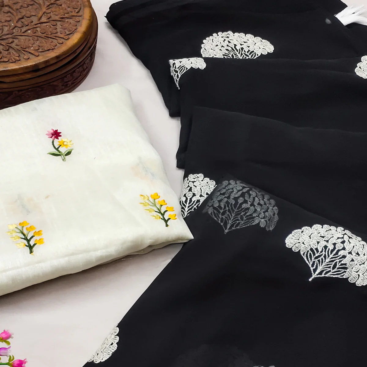 Black Thread Embroidered Georgette Saree With Tassels - Image 2