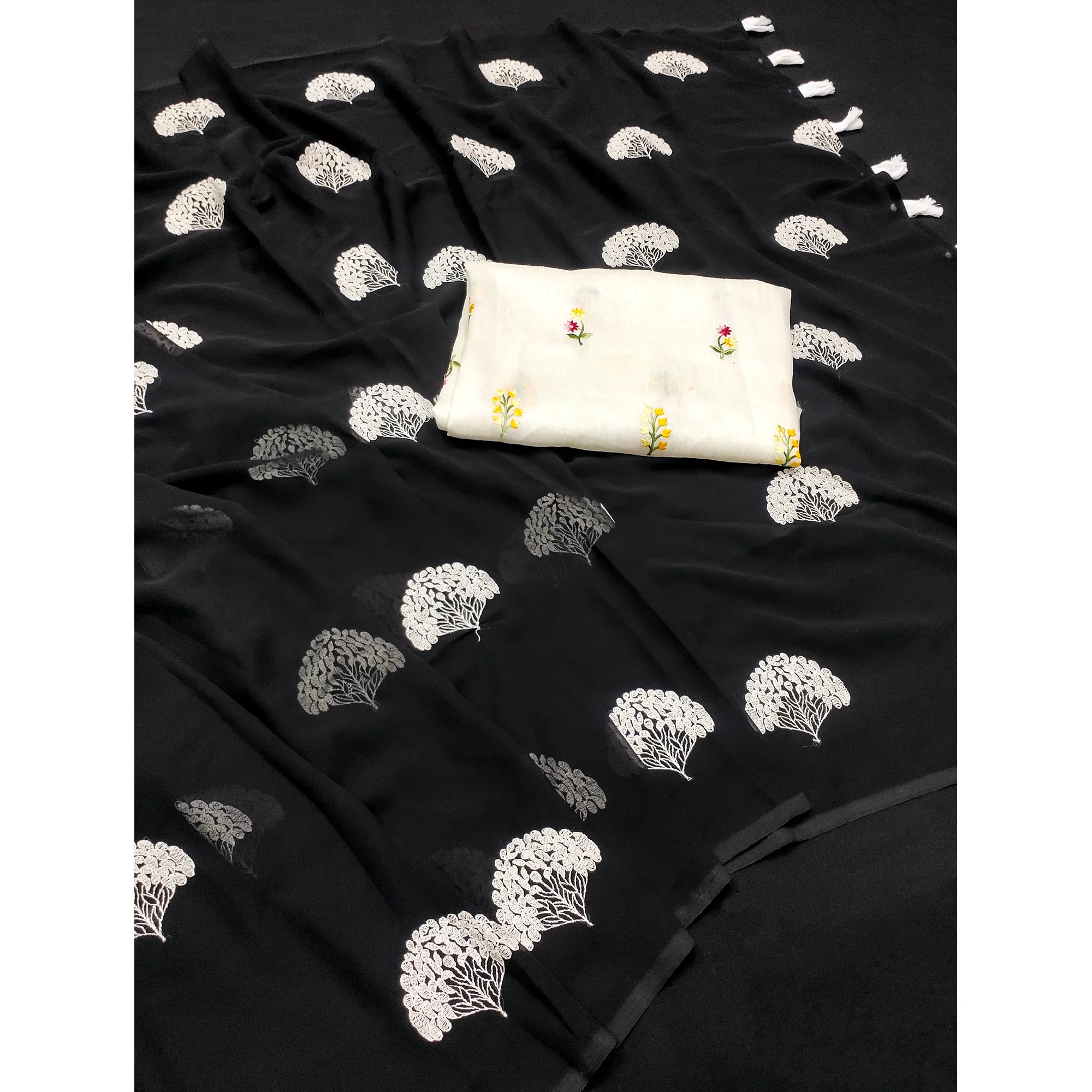 Black Thread Embroidered Georgette Saree With Tassels - Image 3