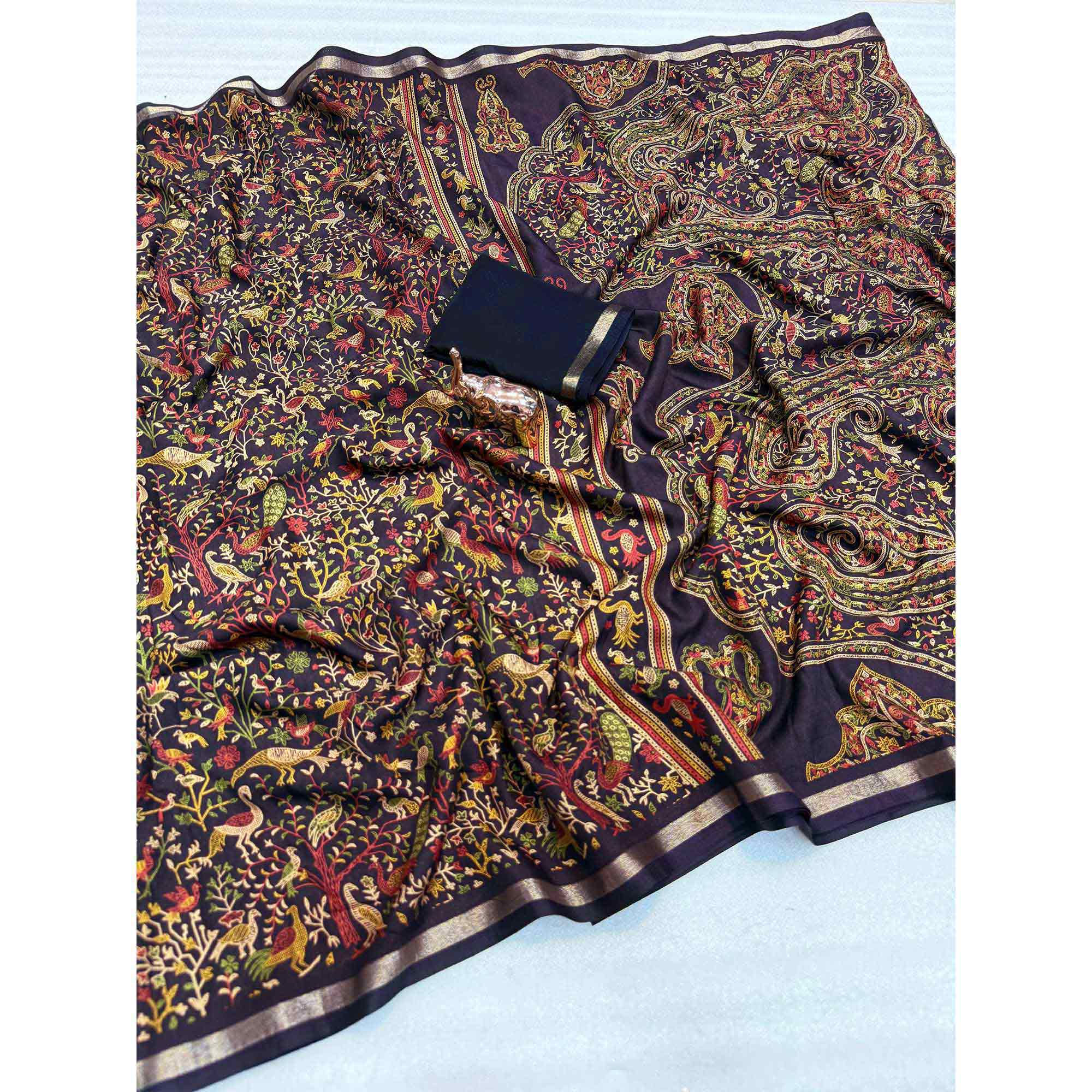 Black Tussar Silk Blend Saree with Intricate Floral & Bird Kashmiri Print & Elegant Zari Border - Image 3