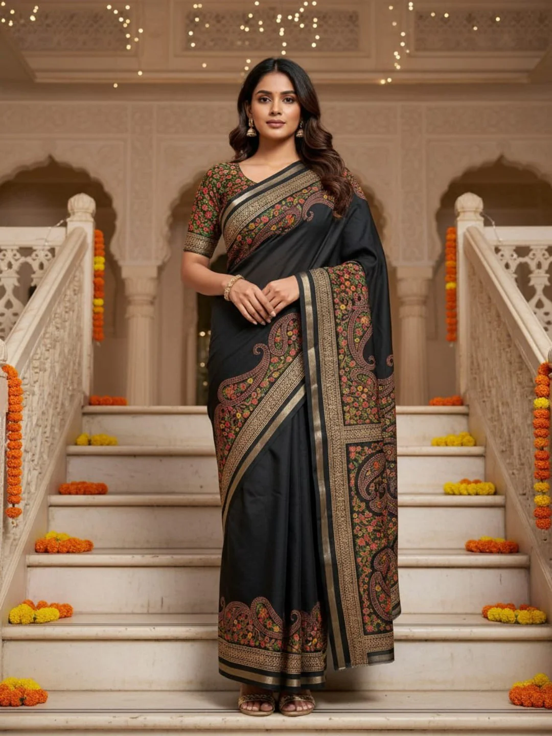Black Tussar Silk Saree with Classic Paisley Pattern and Refined Traditional Finish