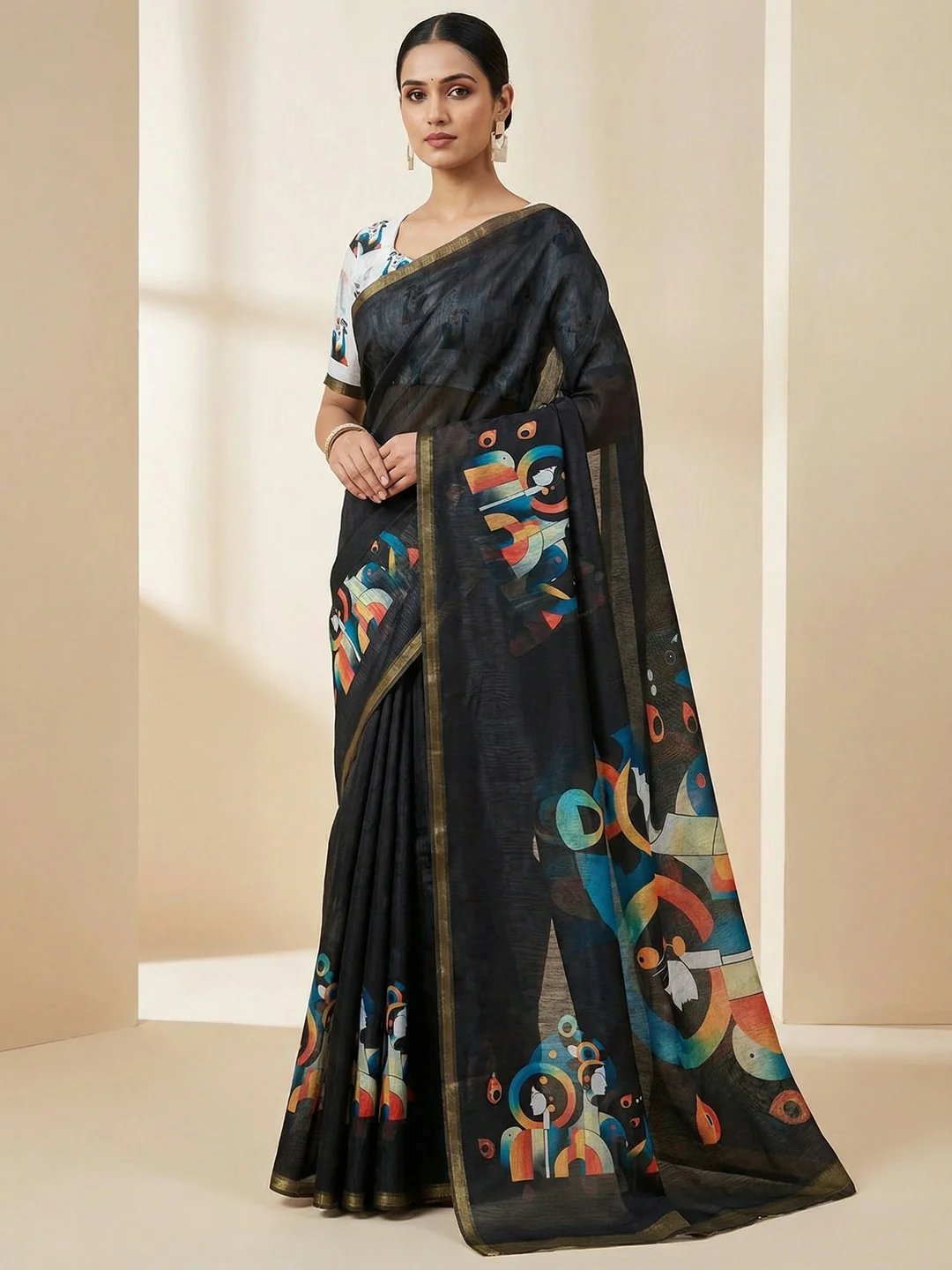 Black Tussar Silk Saree with Contemporary Abstract Digital Art Pattern