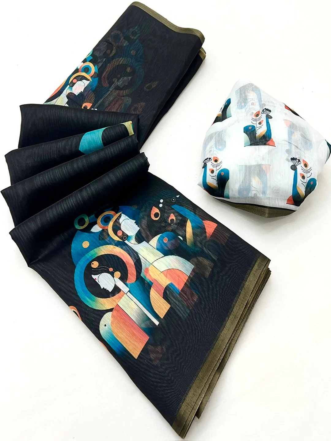 Black Tussar Silk Saree with Contemporary Abstract Digital Art Pattern - Image 3
