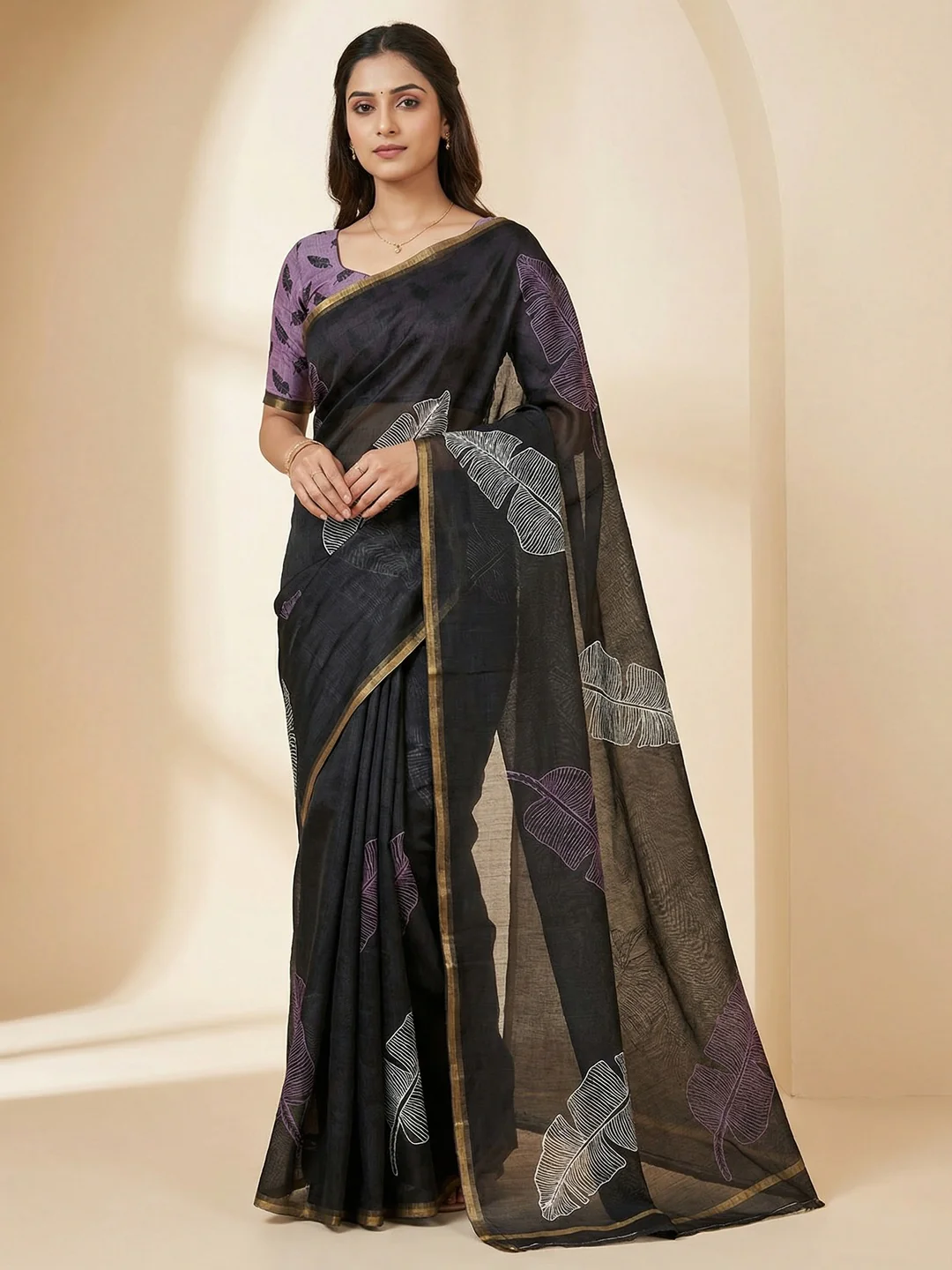 Black Tussar Silk Saree with Leaf Print and Matching Blouse