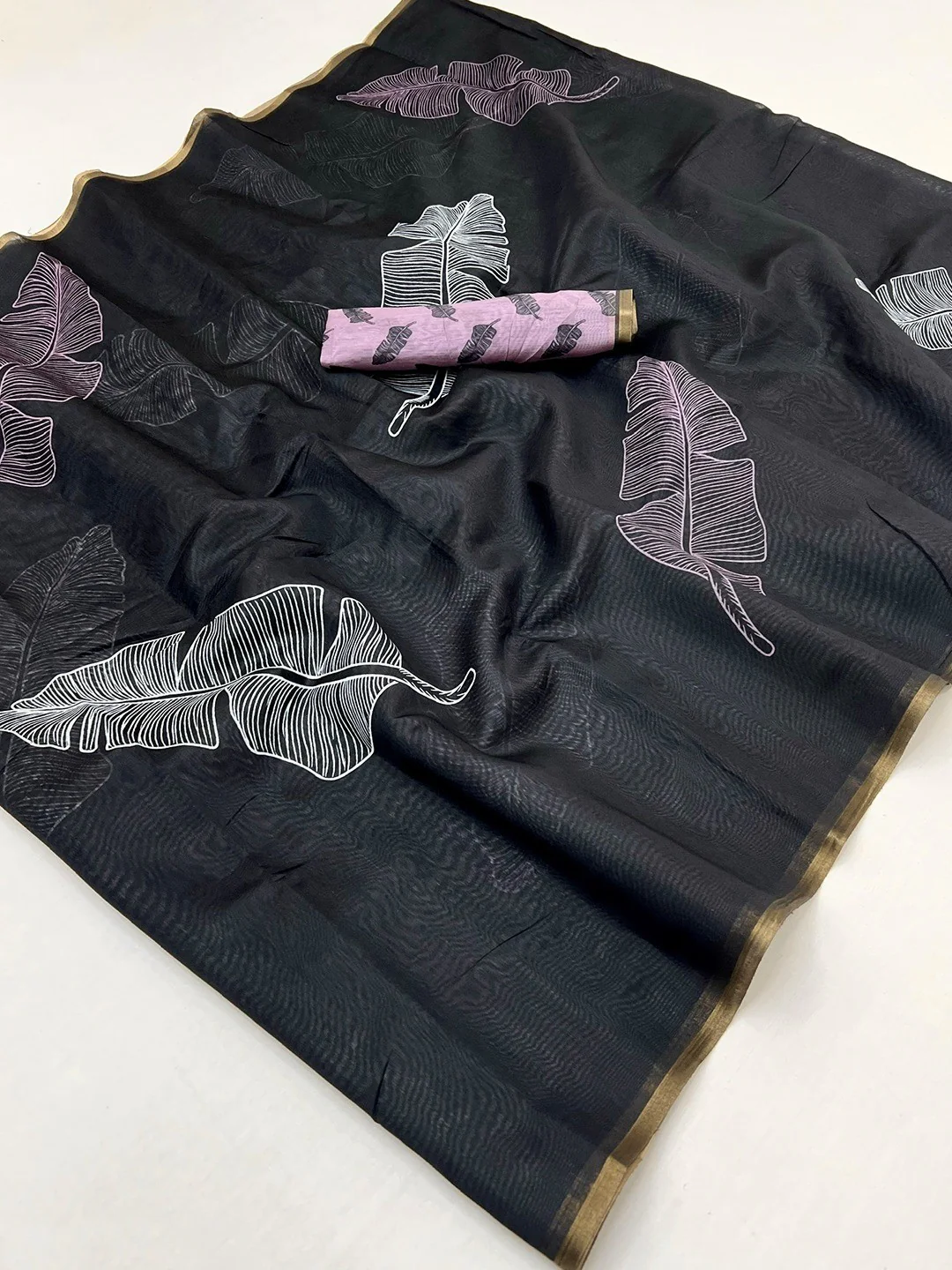 Black Tussar Silk Saree with Leaf Print and Matching Blouse - Image 2