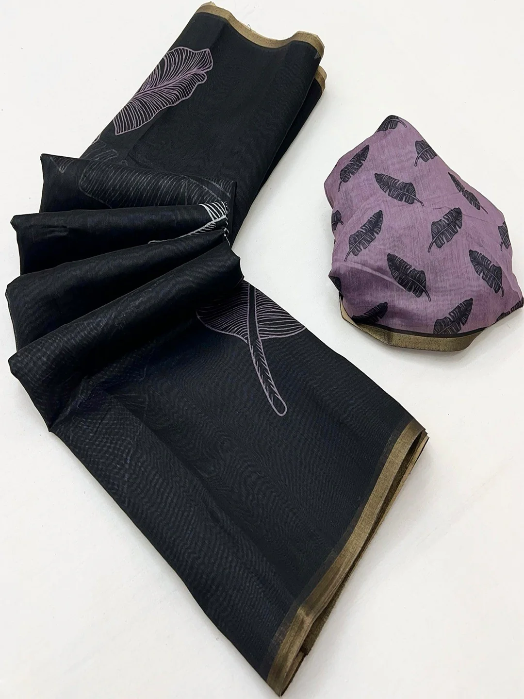 Black Tussar Silk Saree with Leaf Print and Matching Blouse - Image 3