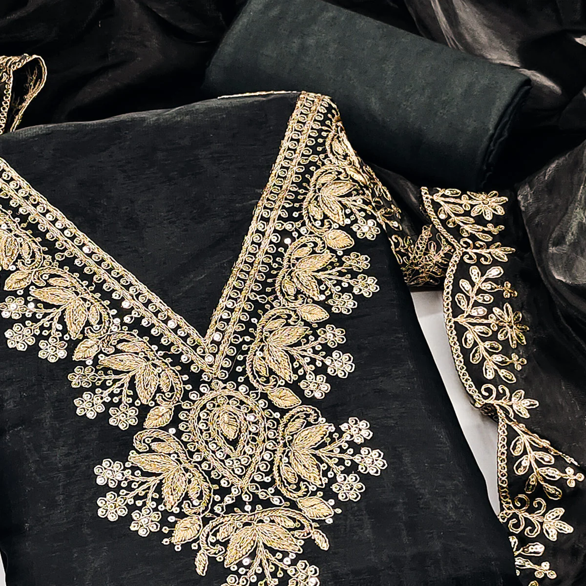 Black Unstitched Organza Suit with Thread Embroidery - Image 2