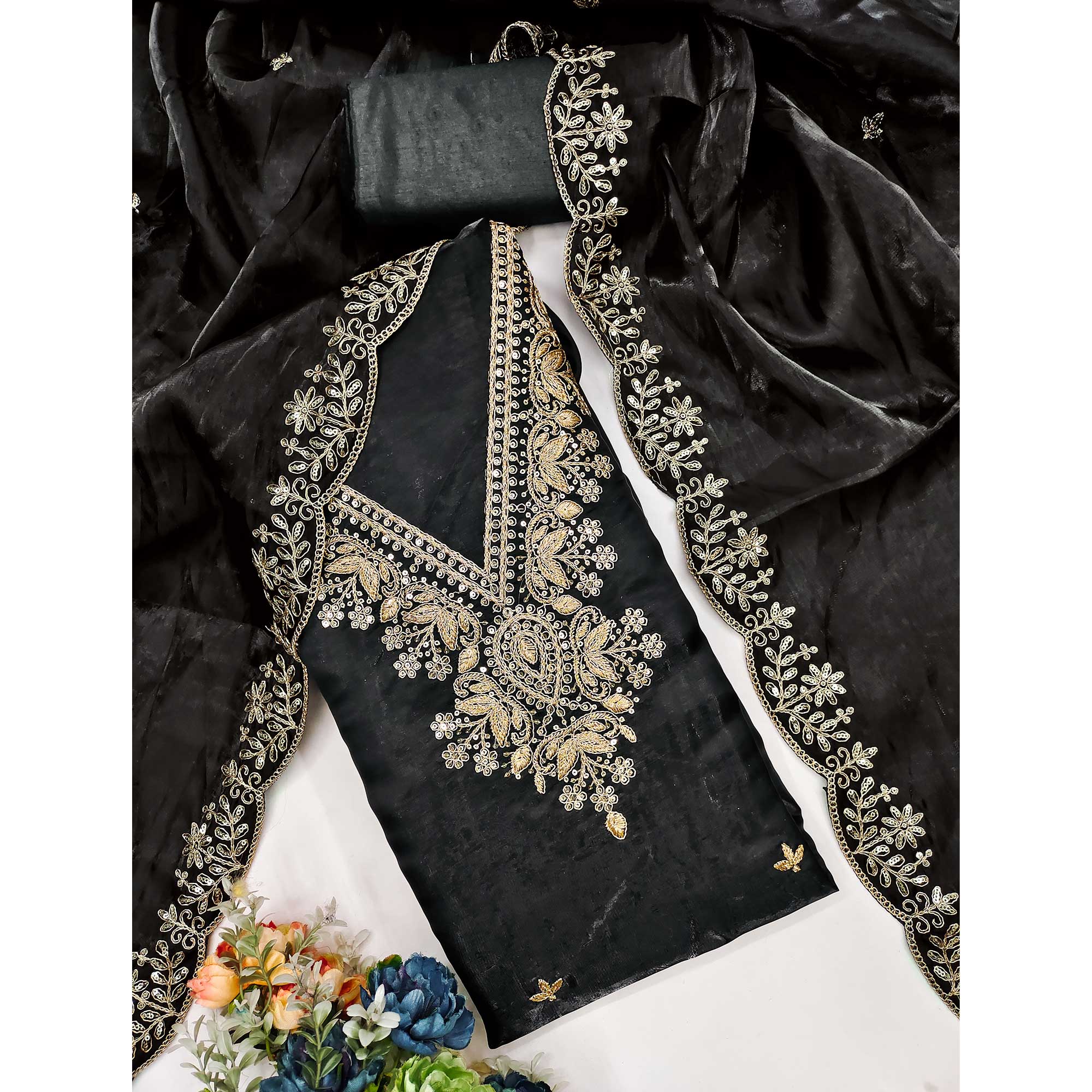 Black Unstitched Organza Suit with Thread Embroidery - Image 3