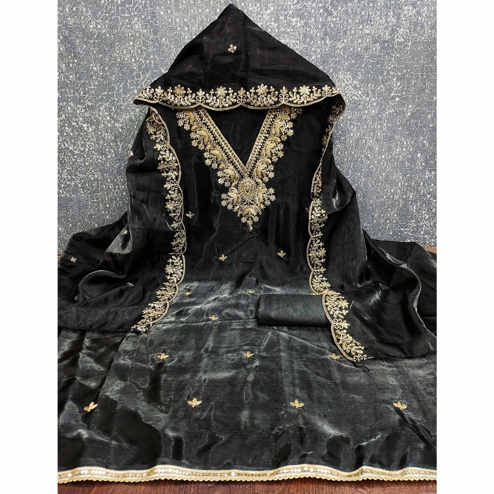 Black Unstitched Organza Suit with Thread Embroidery - Image 4
