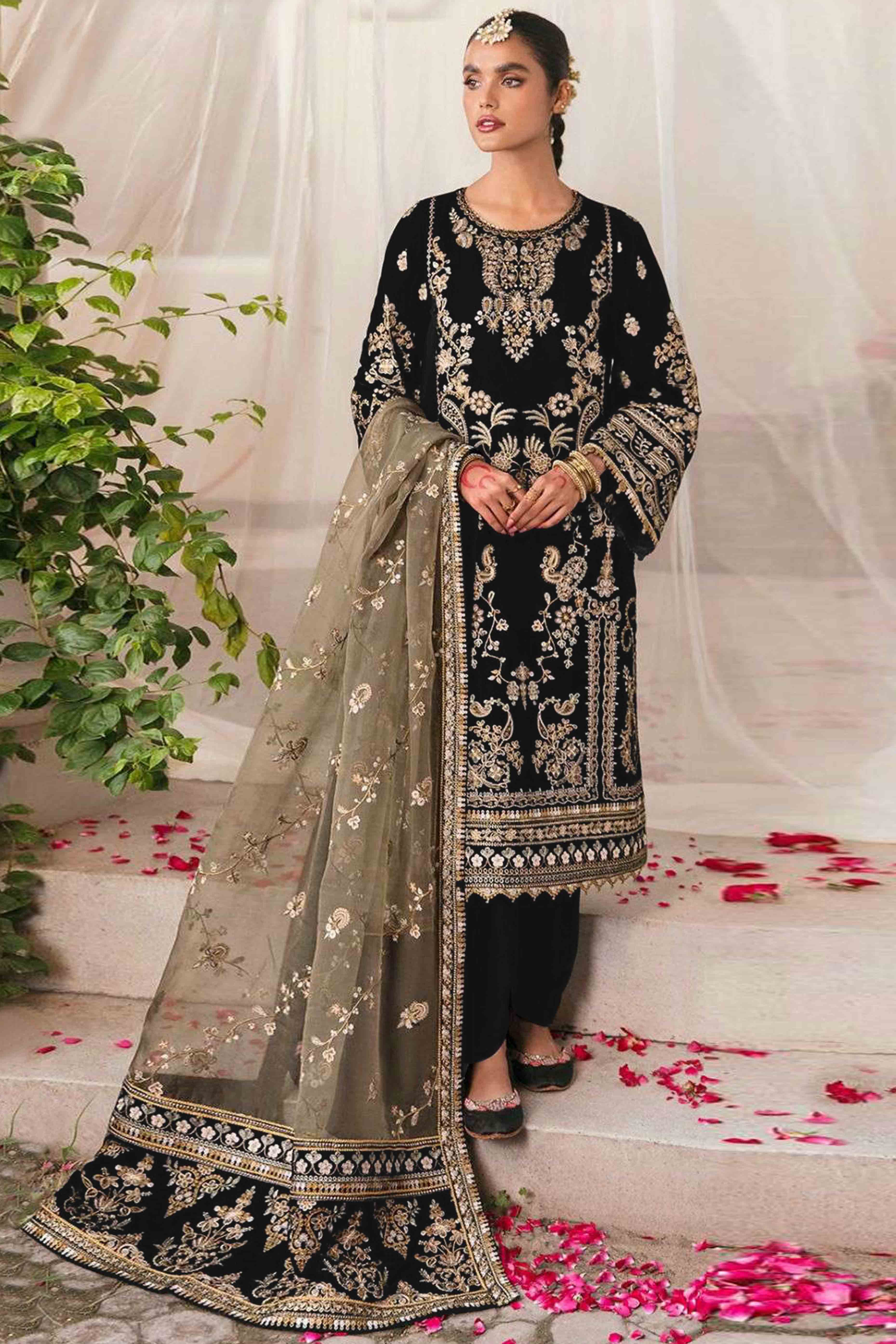 Black Velvet Dress Material Adorned with Sequins & Thread Embroidery