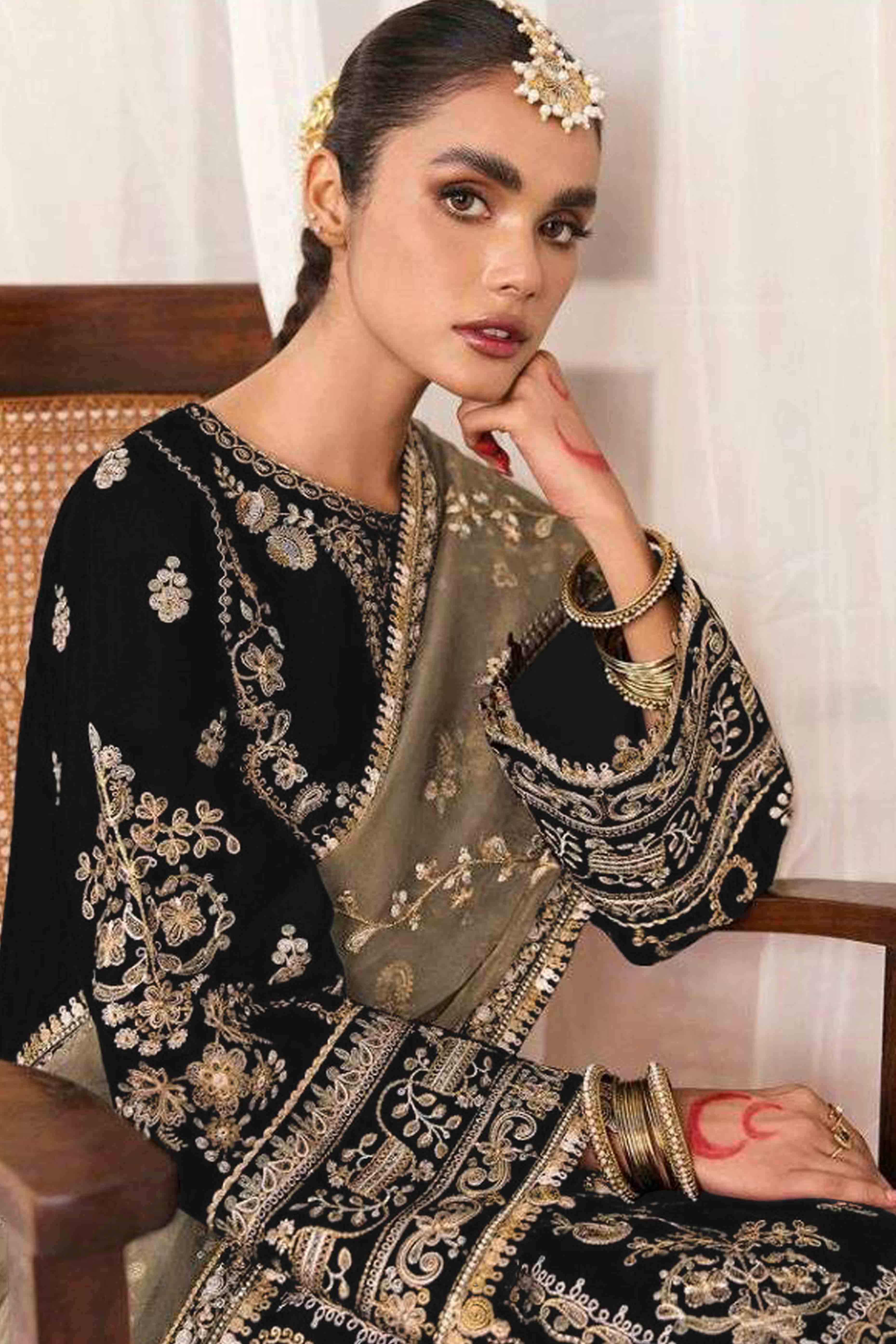 Black Velvet Dress Material Adorned with Sequins & Thread Embroidery - Image 3
